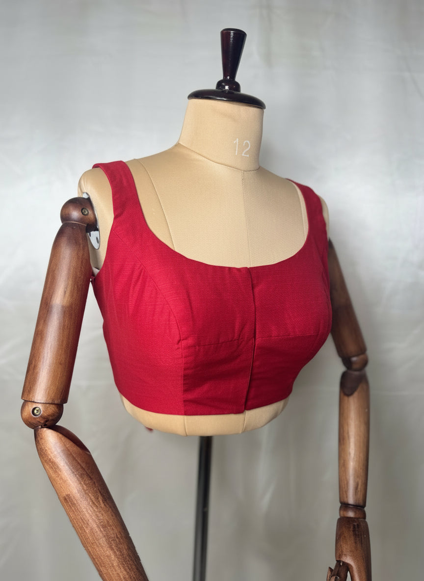 Red raw silk sleeveless blouse
