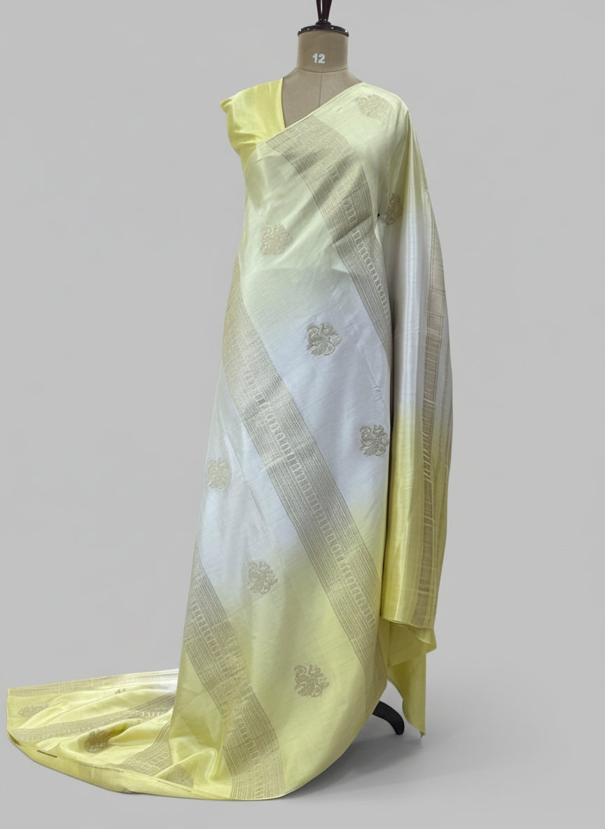 Light yellow borderless pure mysore crepe silk saree