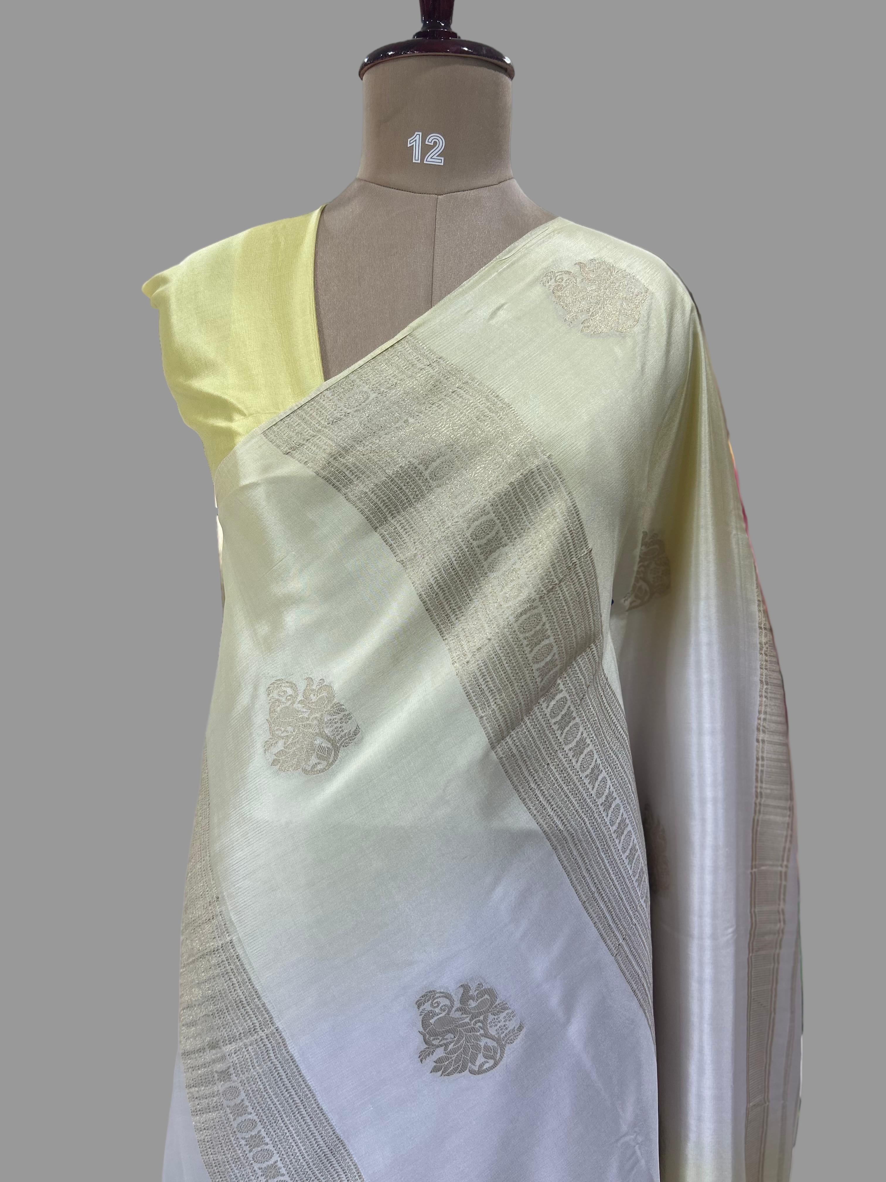 Light yellow borderless pure mysore crepe silk saree