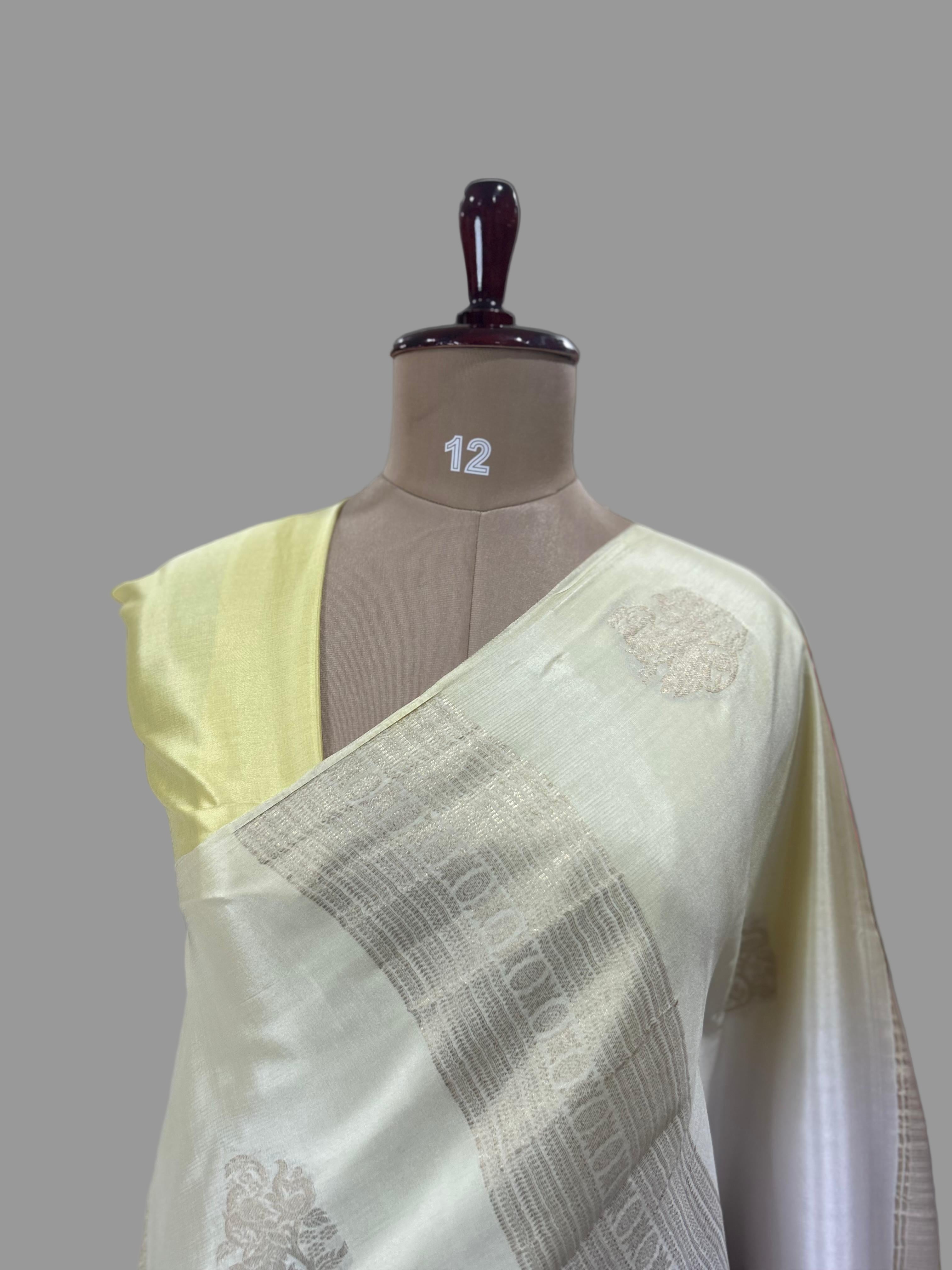 Light yellow borderless pure mysore crepe silk saree