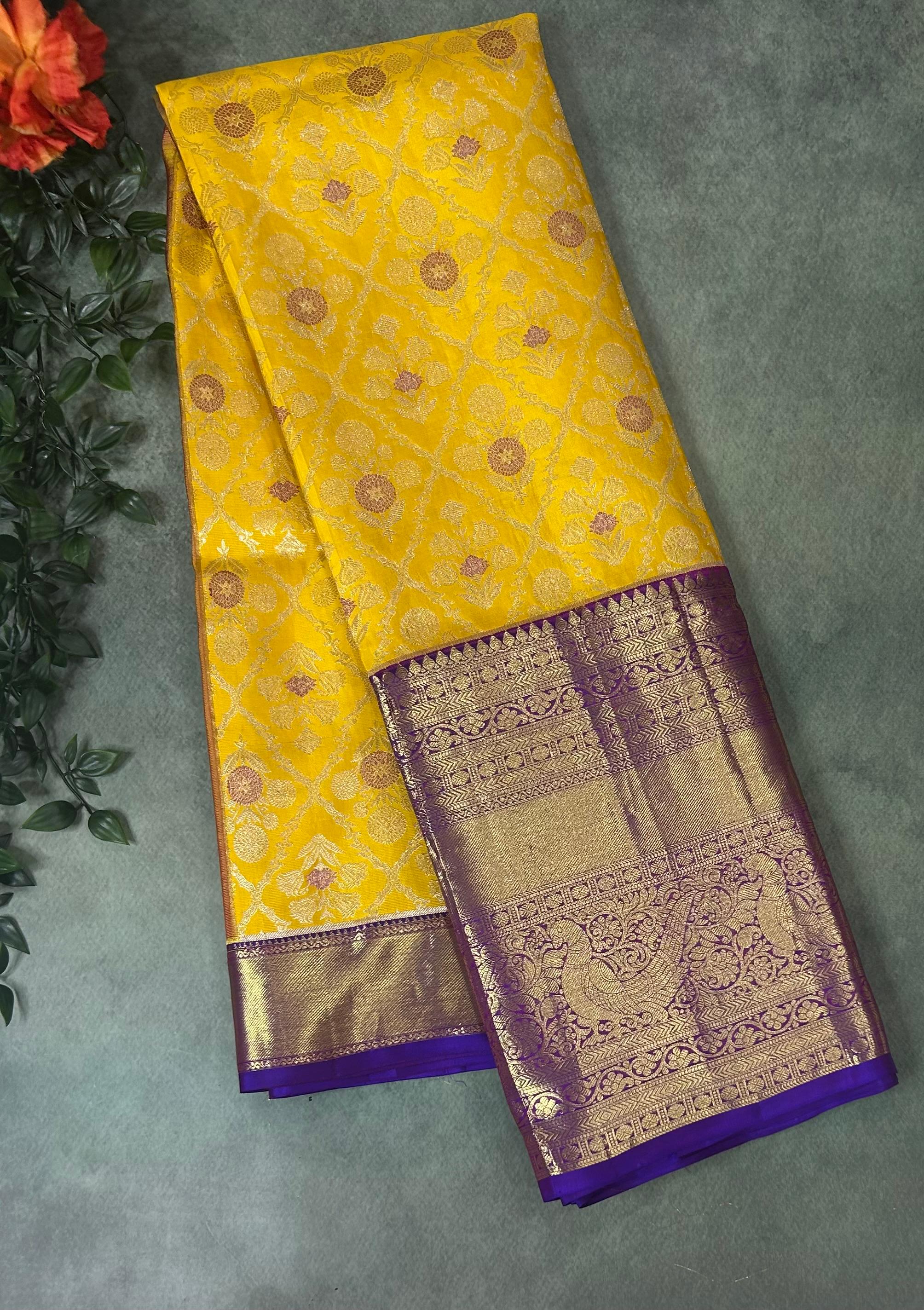 Bright yellow n purple checks pure kanchipuram silk saree