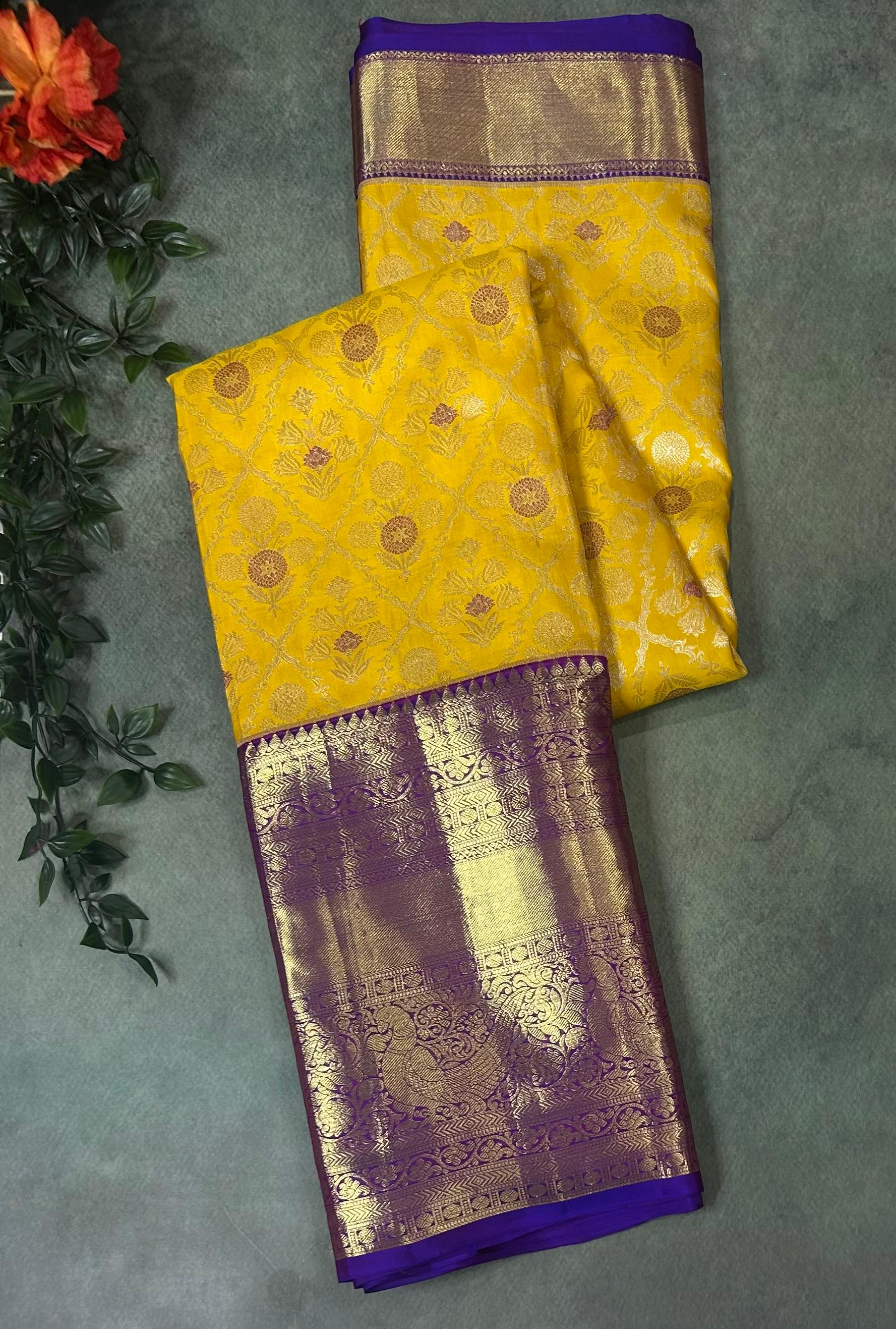 Bright yellow n purple checks pure kanchipuram silk saree