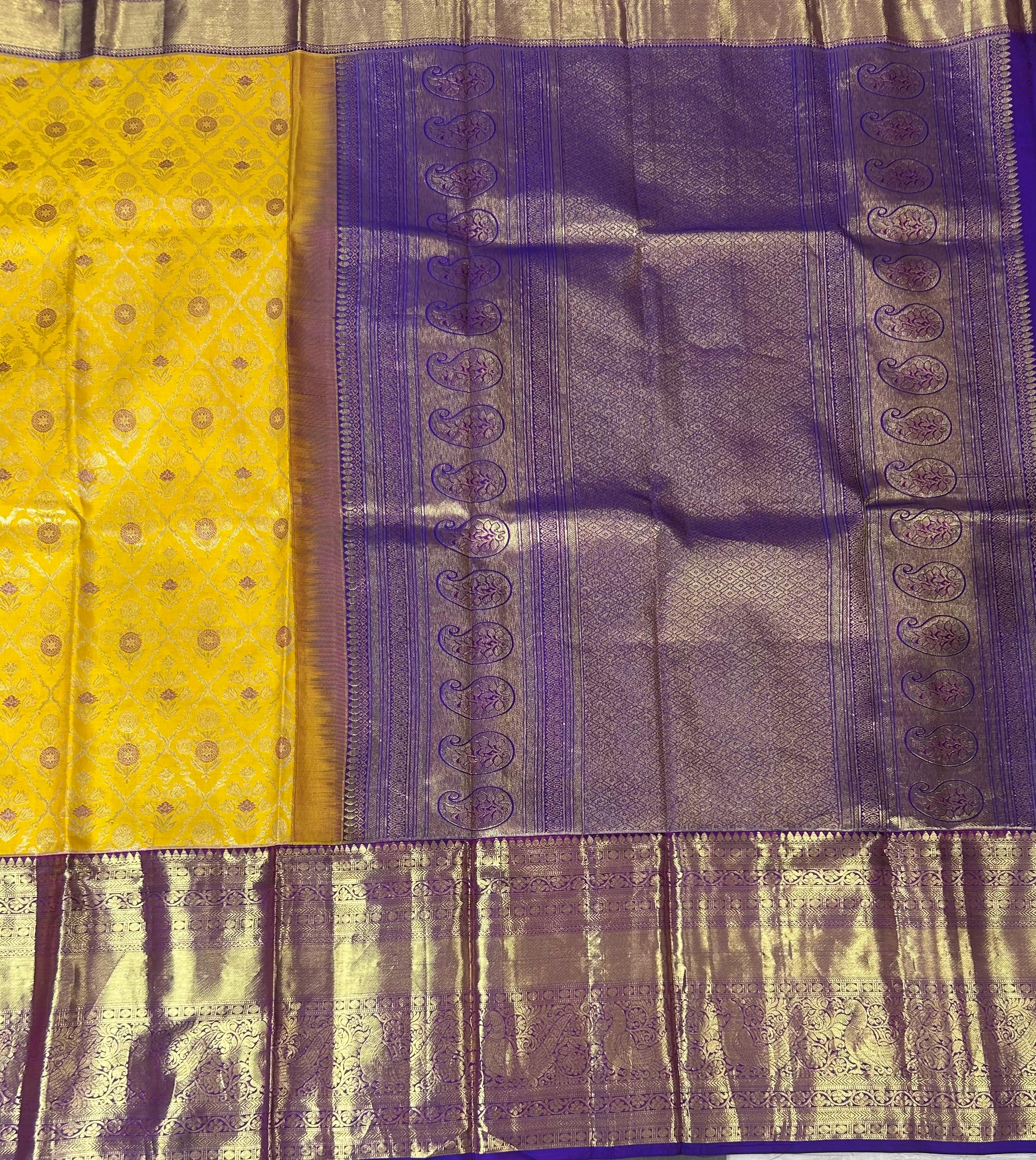 Bright yellow n purple checks pure kanchipuram silk saree