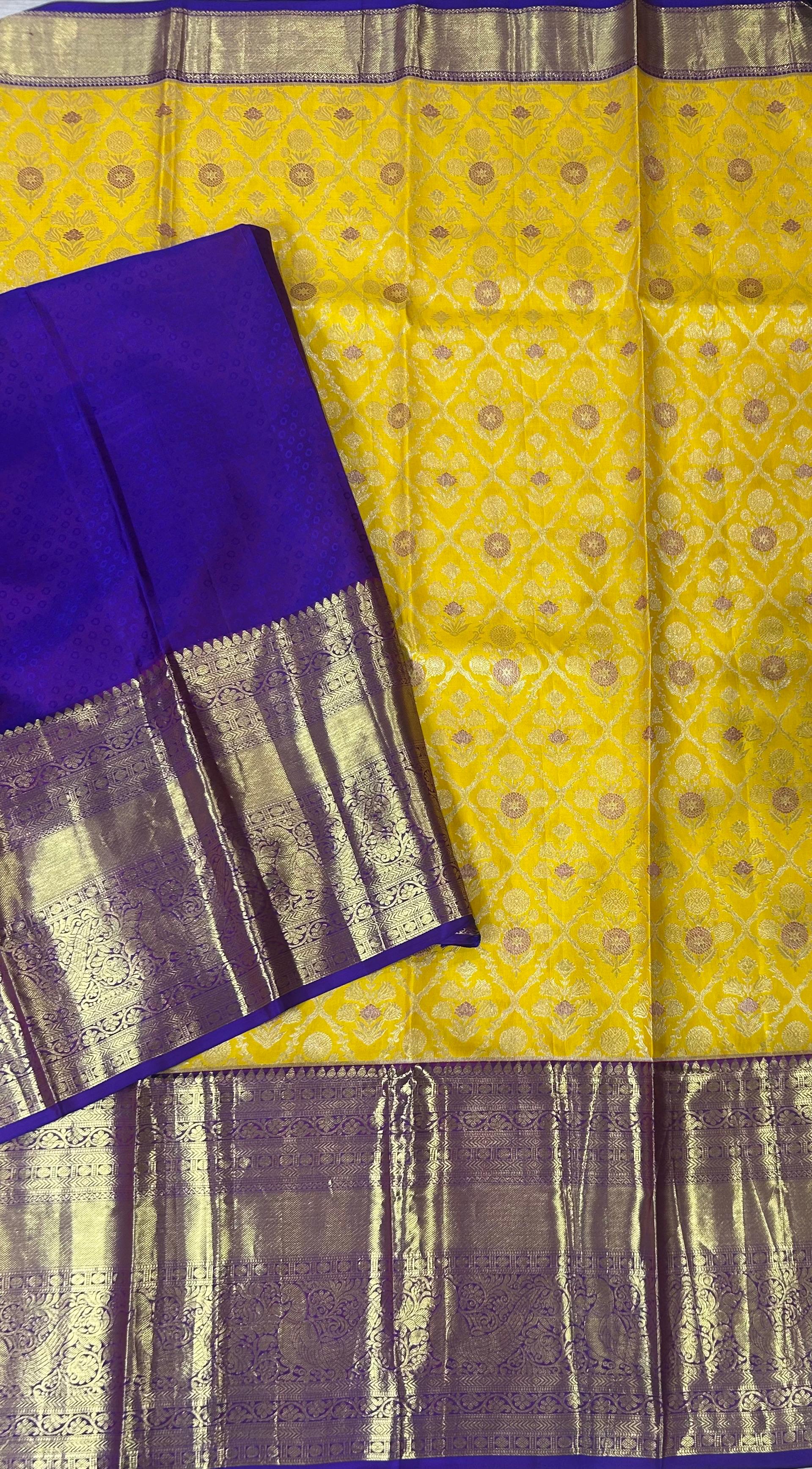 Bright yellow n purple checks pure kanchipuram silk saree