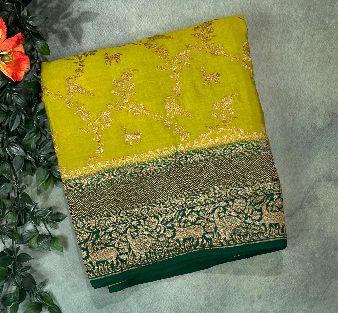 Neon green pure banarasi jaal pattern crepe silk-11 saree