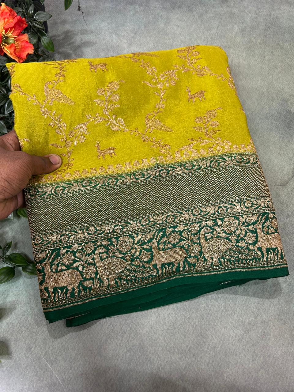 Neon green pure banarasi jaal pattern crepe silk-11 saree