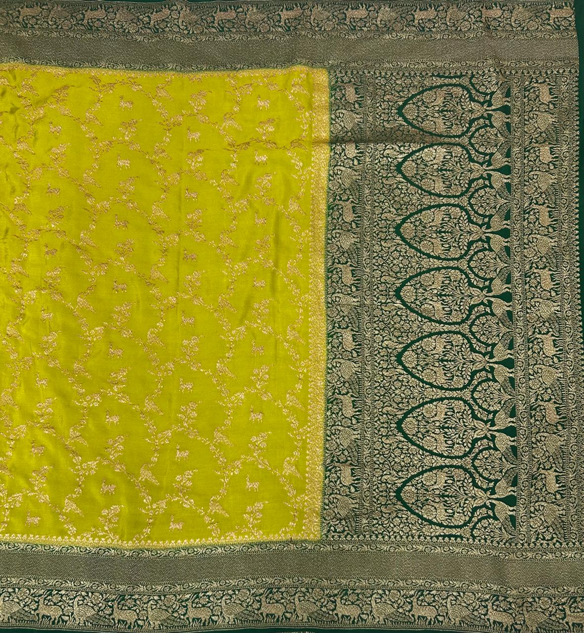 Neon green pure banarasi jaal pattern crepe silk-11 saree