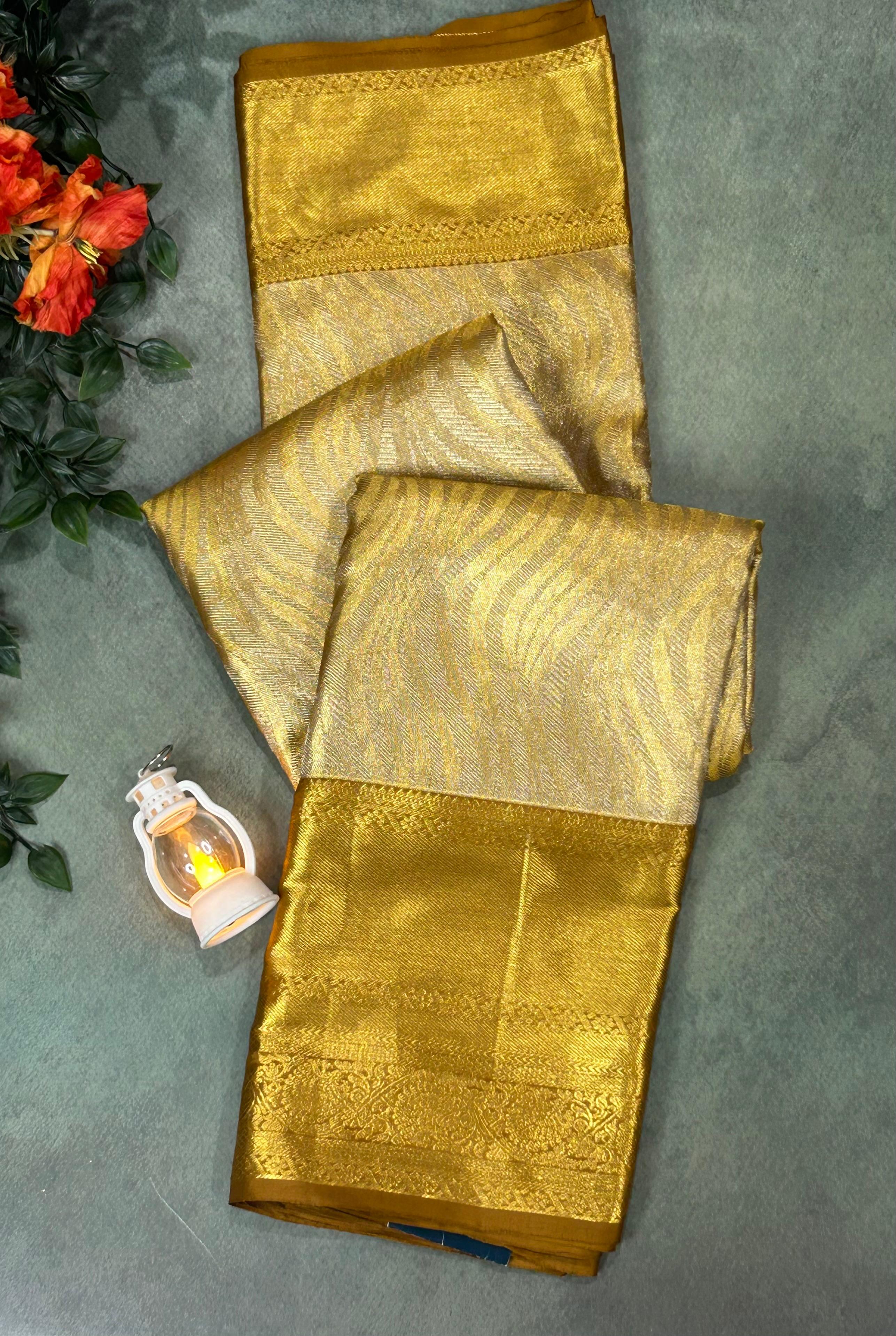 Golden shade stripes design pure kanchipuram silk saree