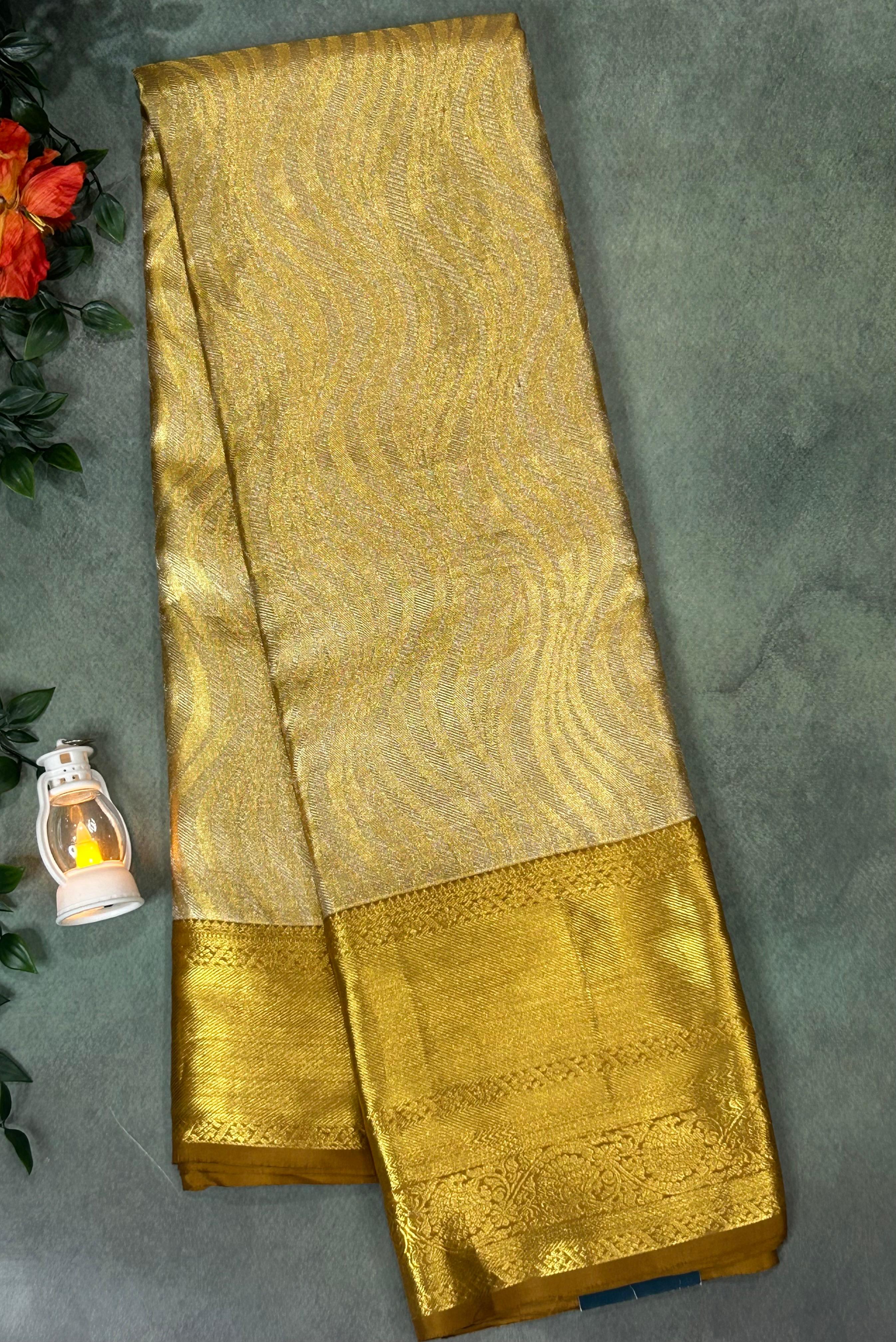 Golden shade stripes design pure kanchipuram silk saree
