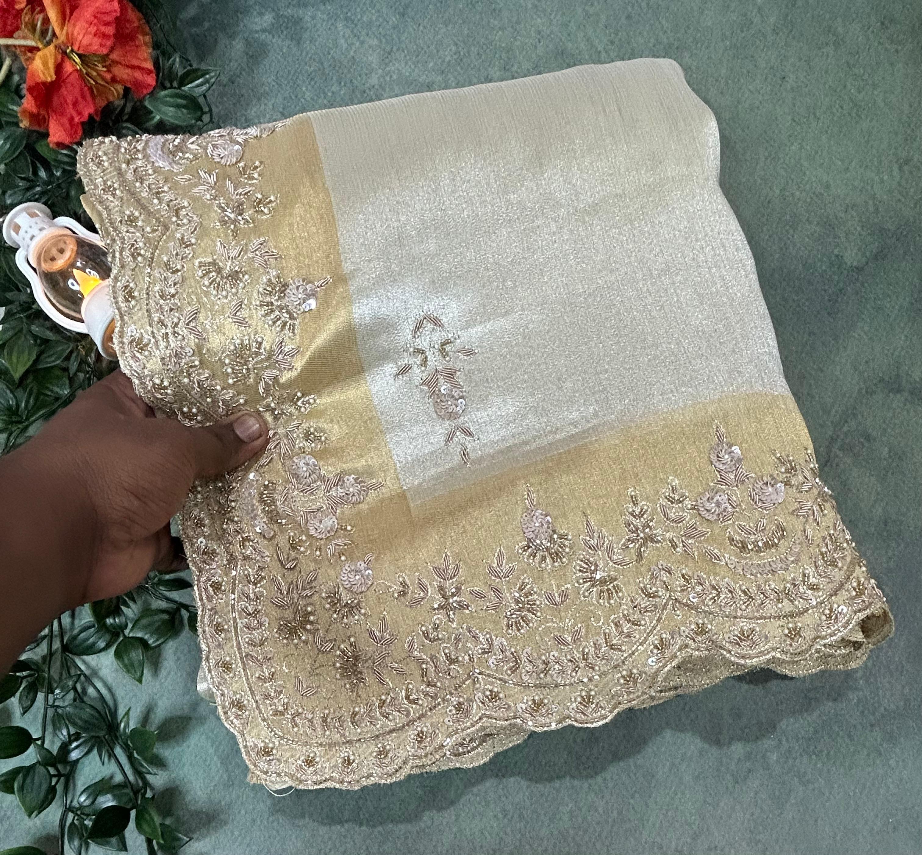 Cream n golden stone handwork scallop border party wear-11 saree