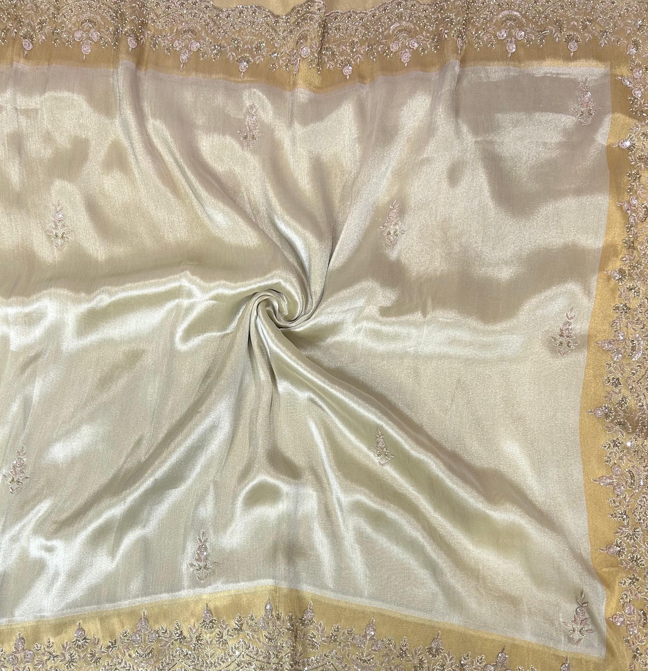 Cream n golden stone handwork scallop border party wear-11 saree