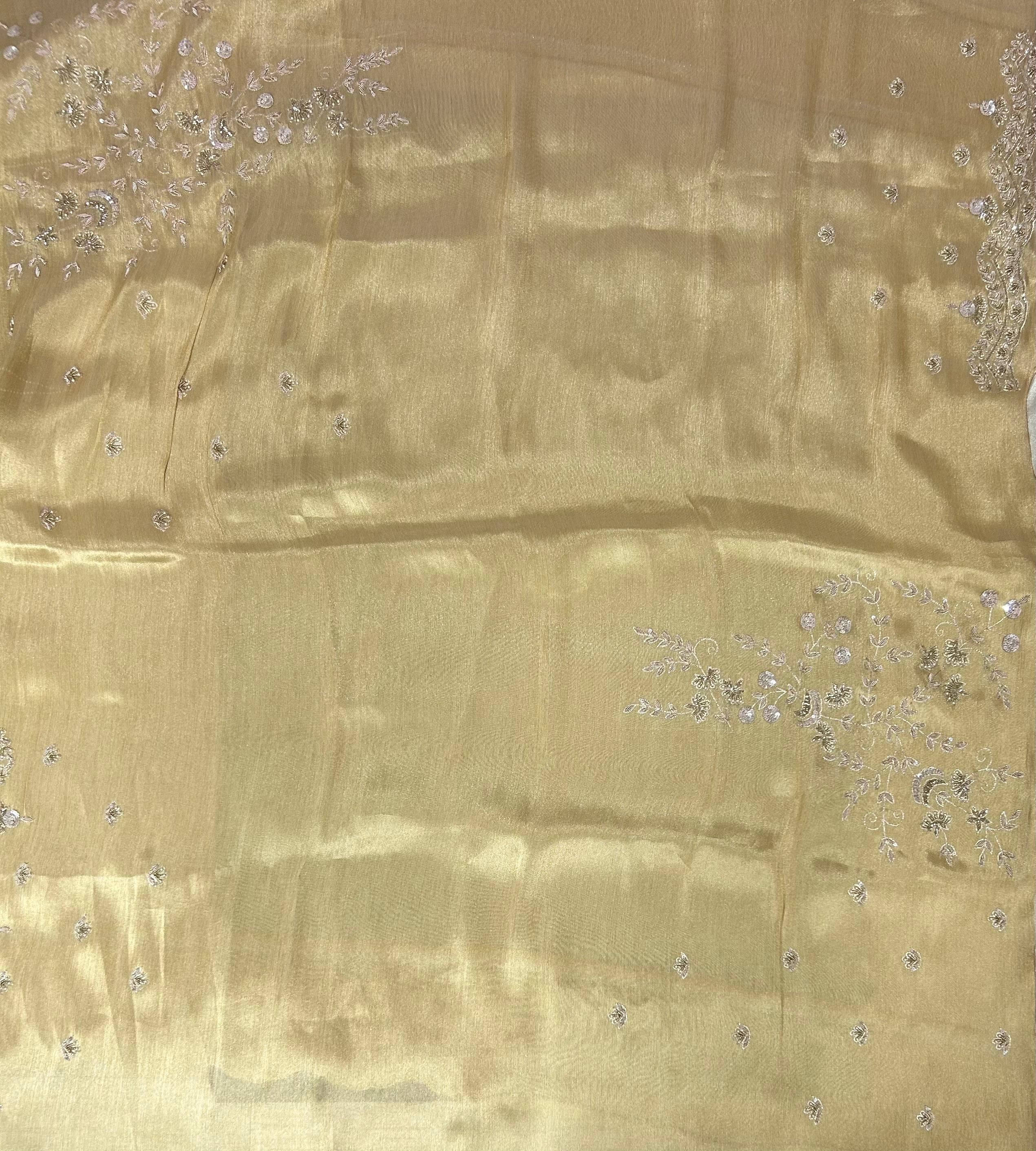 Cream n golden stone handwork scallop border party wear-11 saree