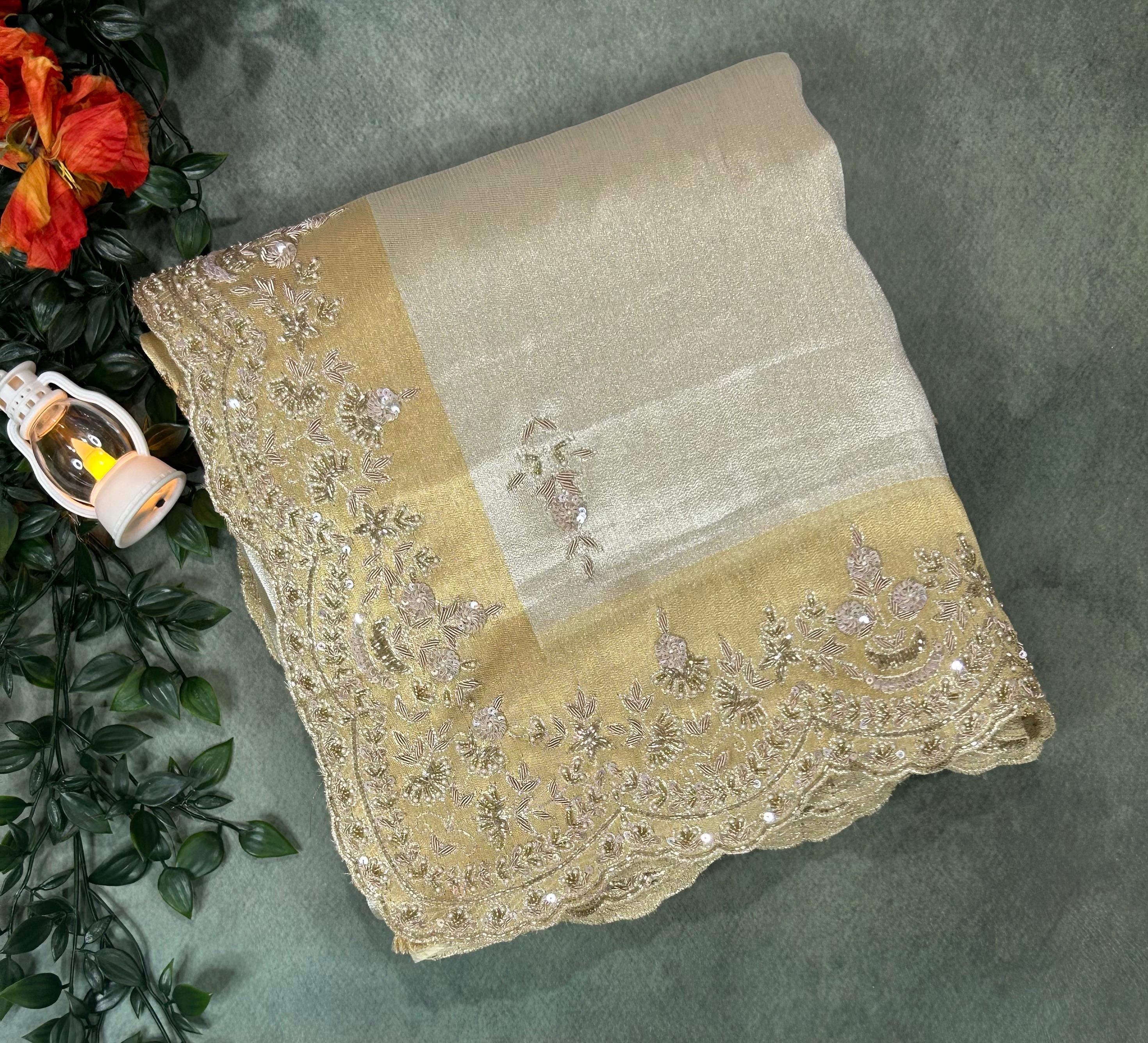 Cream n golden stone handwork scallop border party wear-11 saree