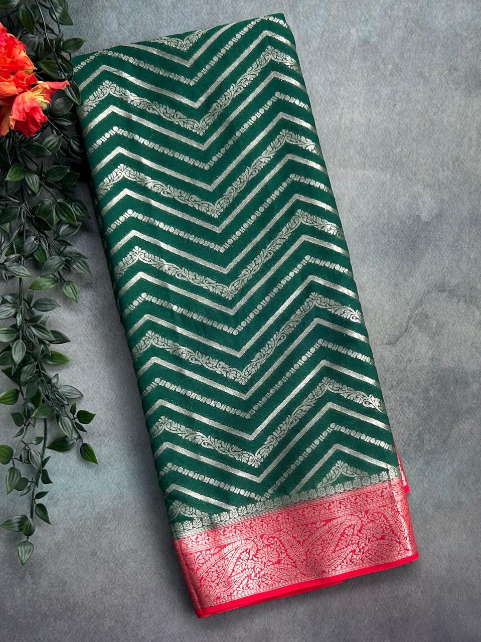 Bottle green n red semi georgette saree