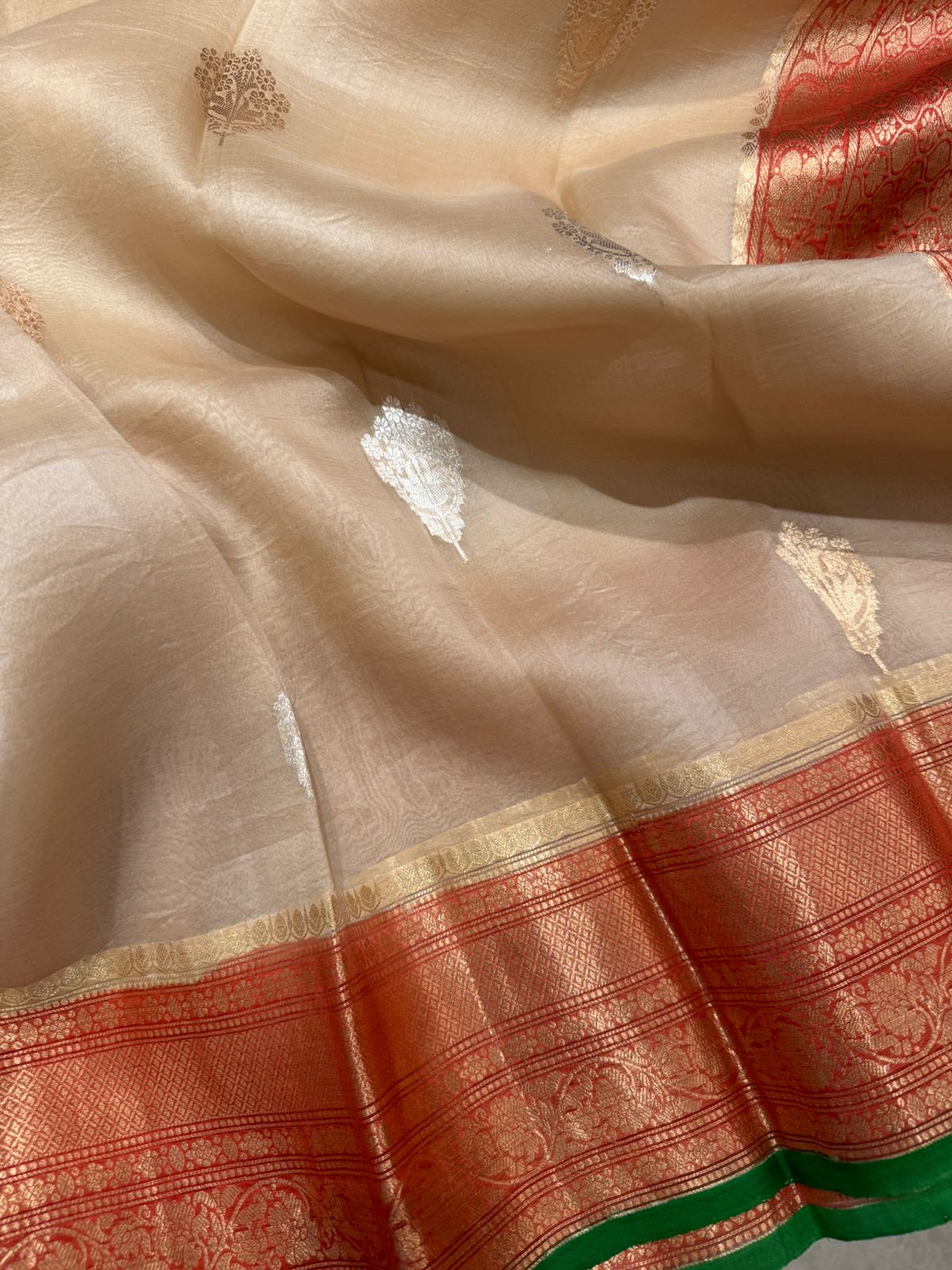 Beige n red pure kora organza silk saree