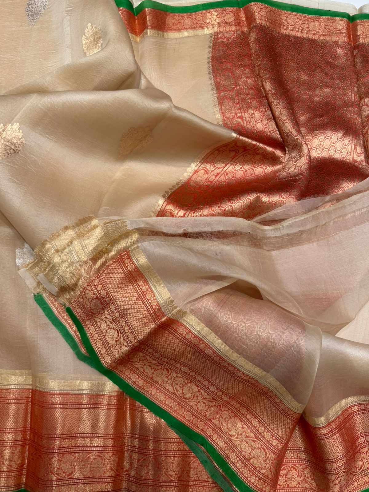 Beige n red pure kora organza silk saree