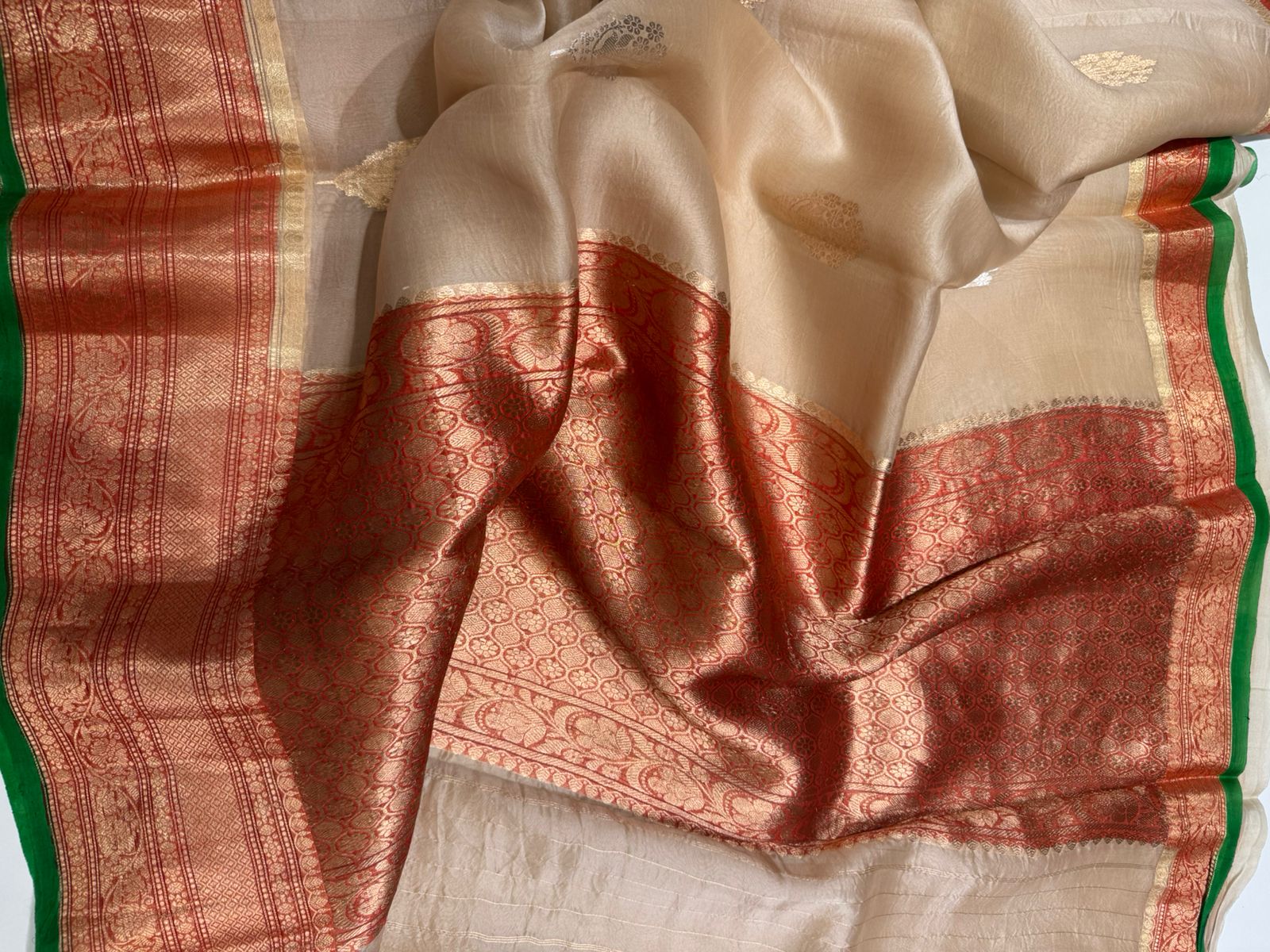Beige n red pure kora organza silk saree
