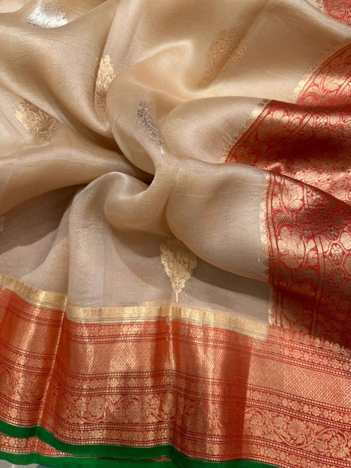 Beige n red pure kora organza silk saree