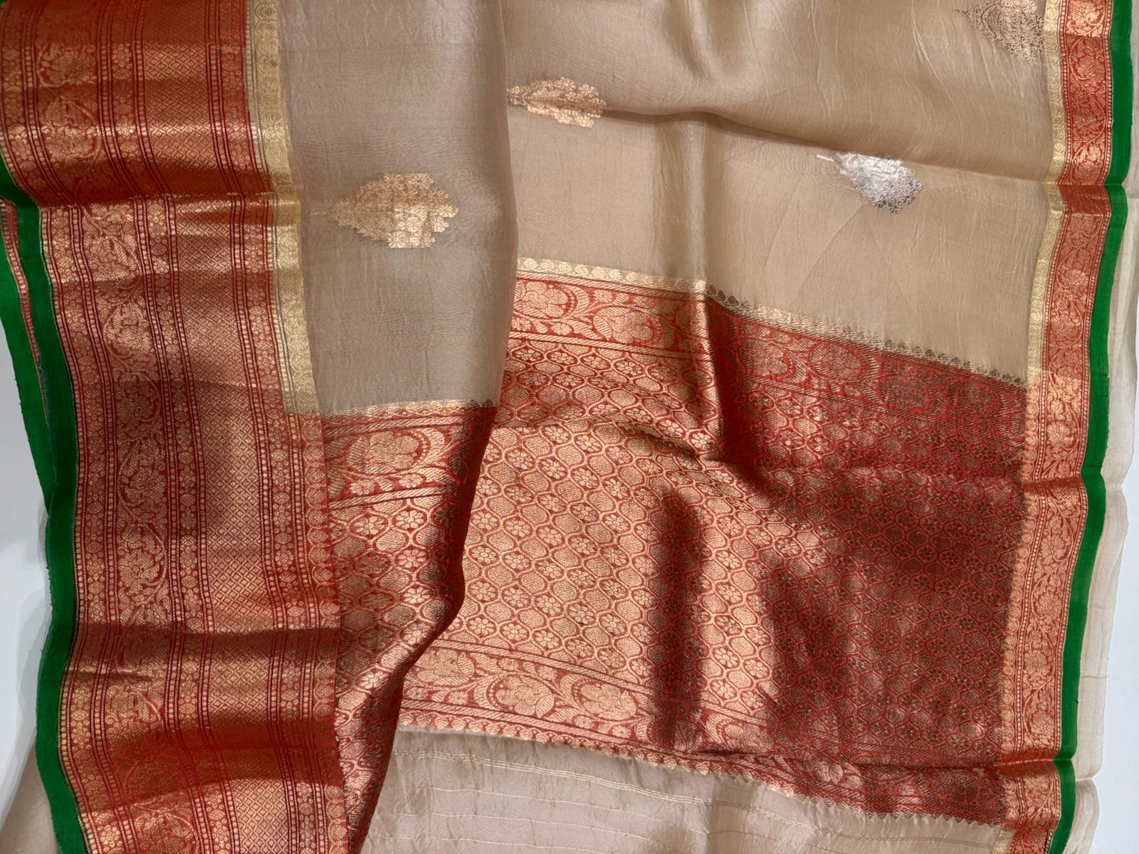 Beige n red pure kora organza silk saree