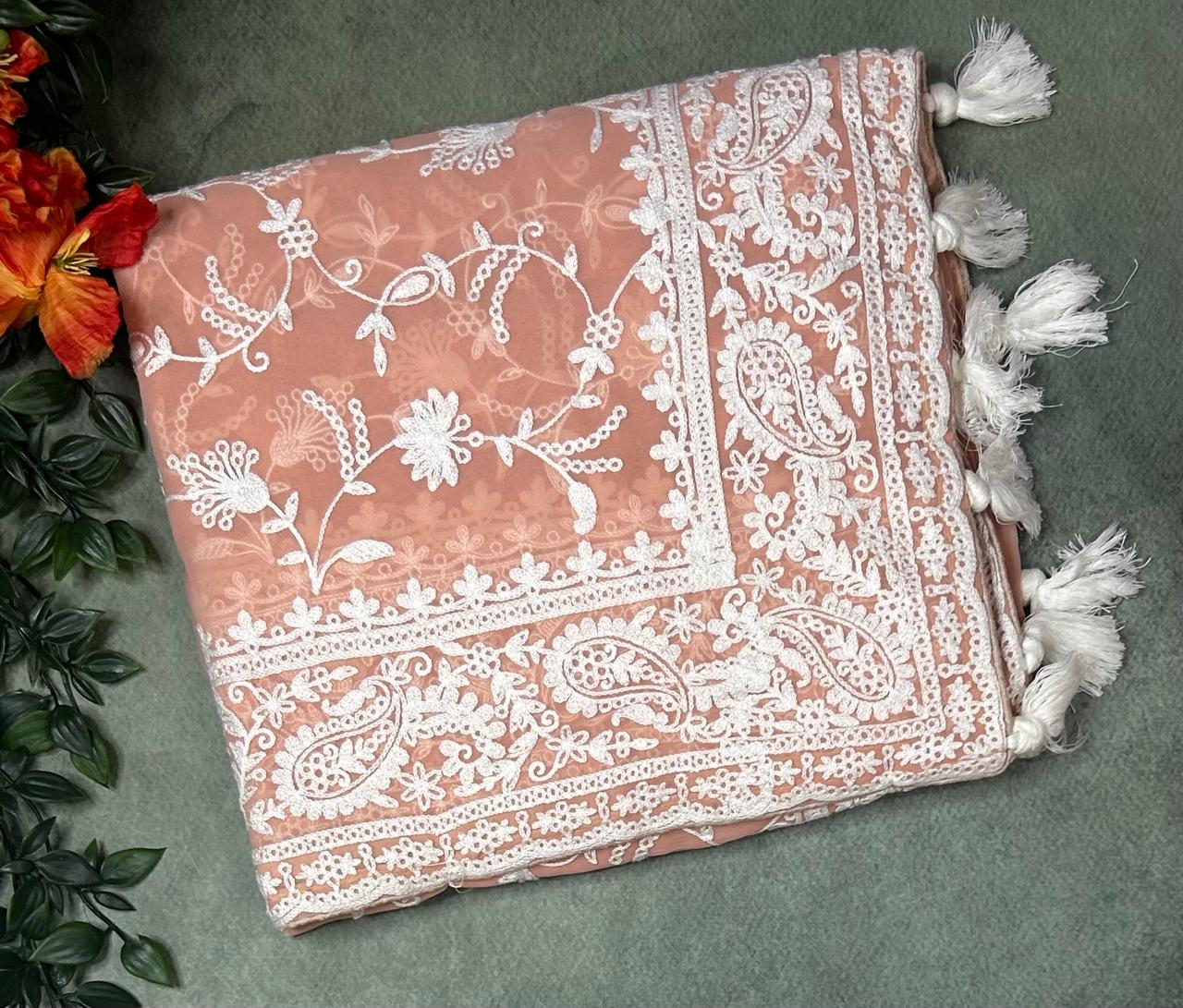 Peach embrodiery chikankari georgette-11 saree