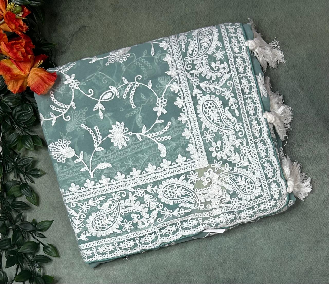 Sage green embrodiery chikankari georgette-11 saree