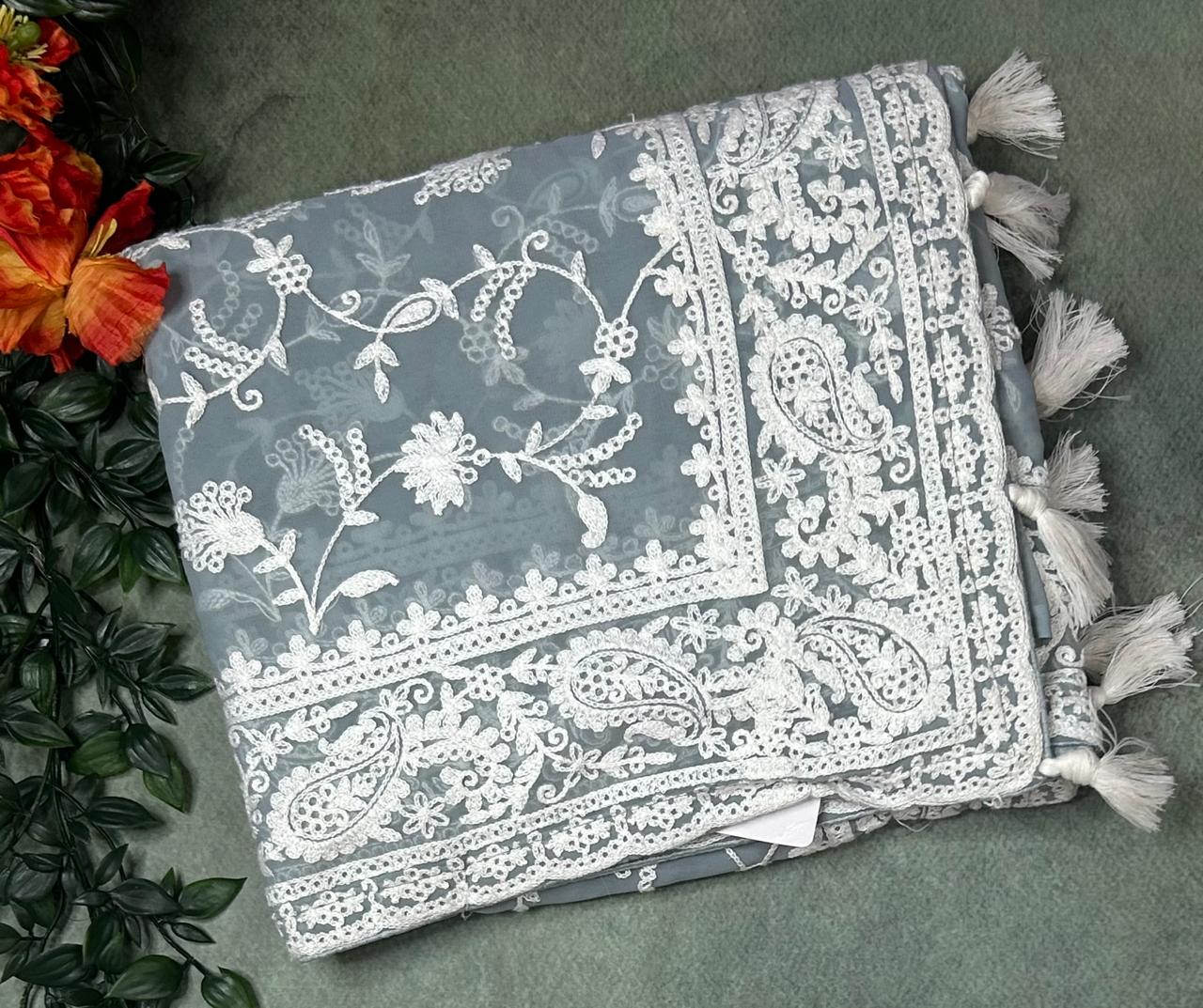 Grey embrodiery chikankari georgette-11 saree