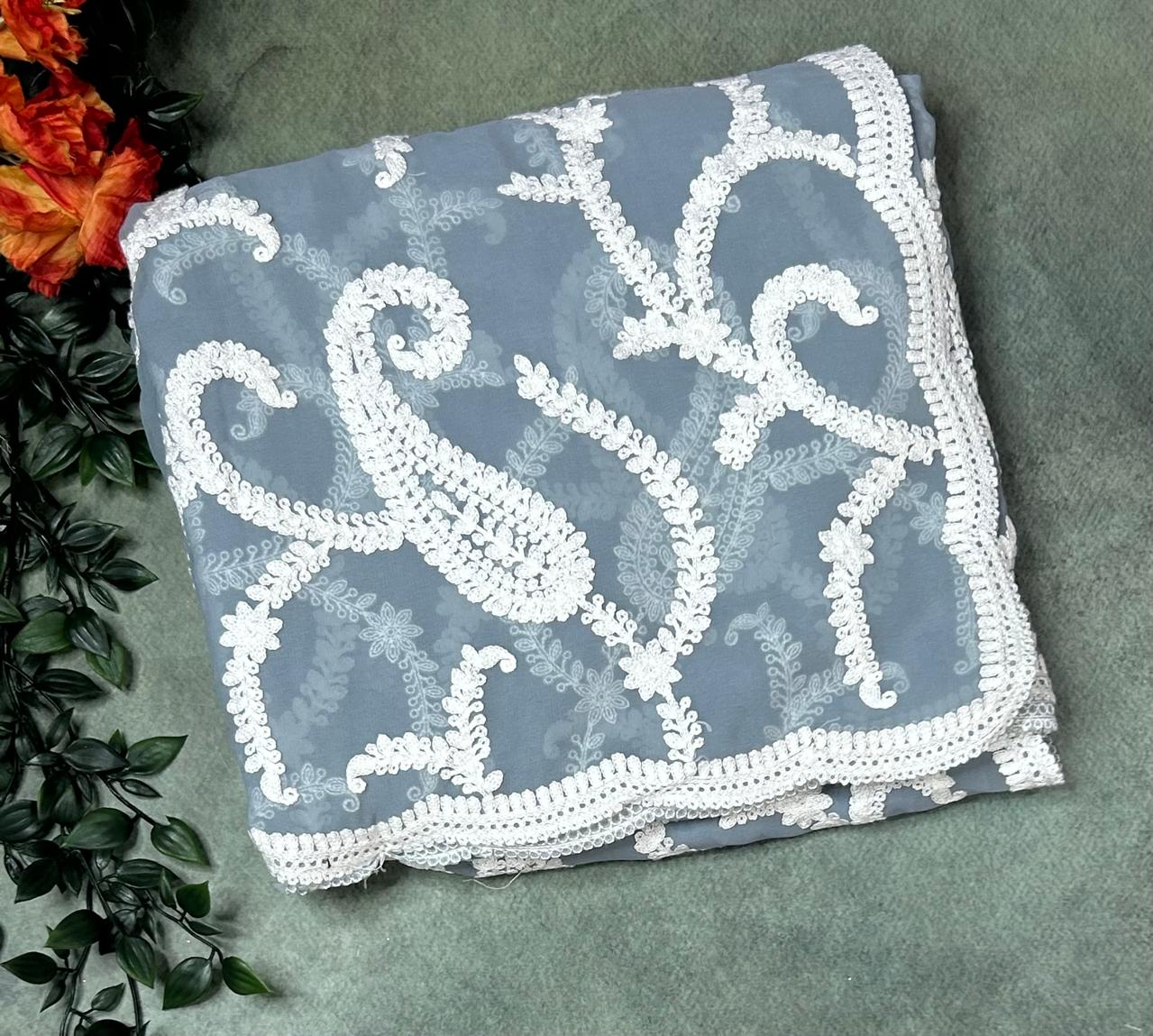 Light grey embrodiery(2) chikankari georgette-11 saree