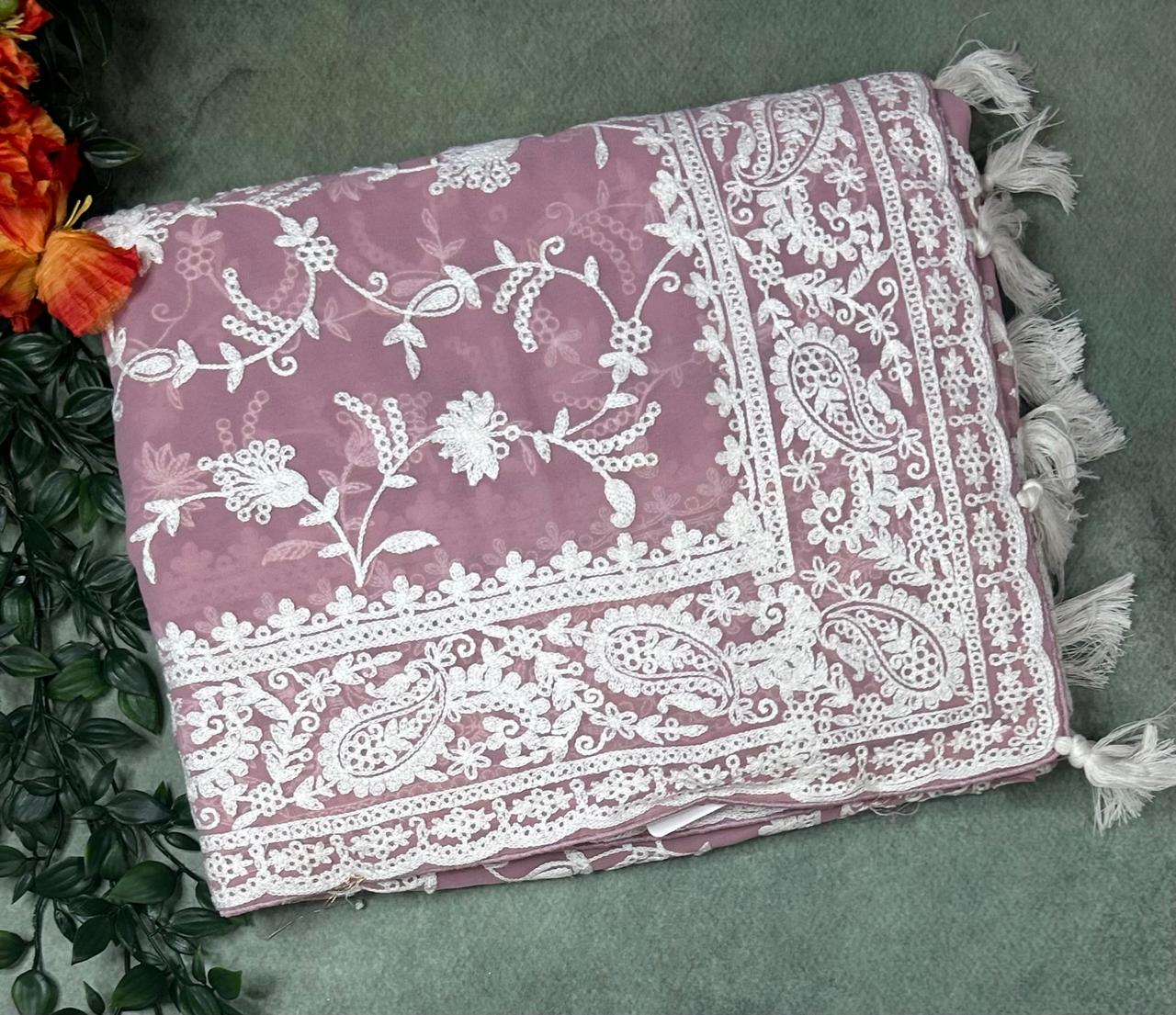 Onion pink embrodiery chikankari georgette-11 saree