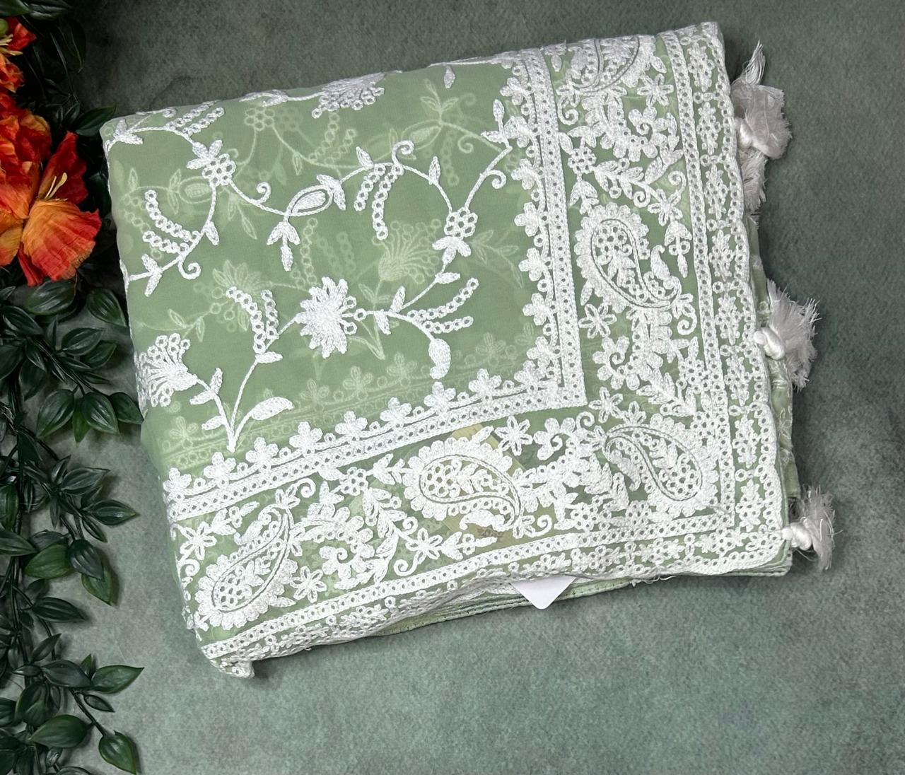 Light green embrodiery chikankari georgette-11 saree