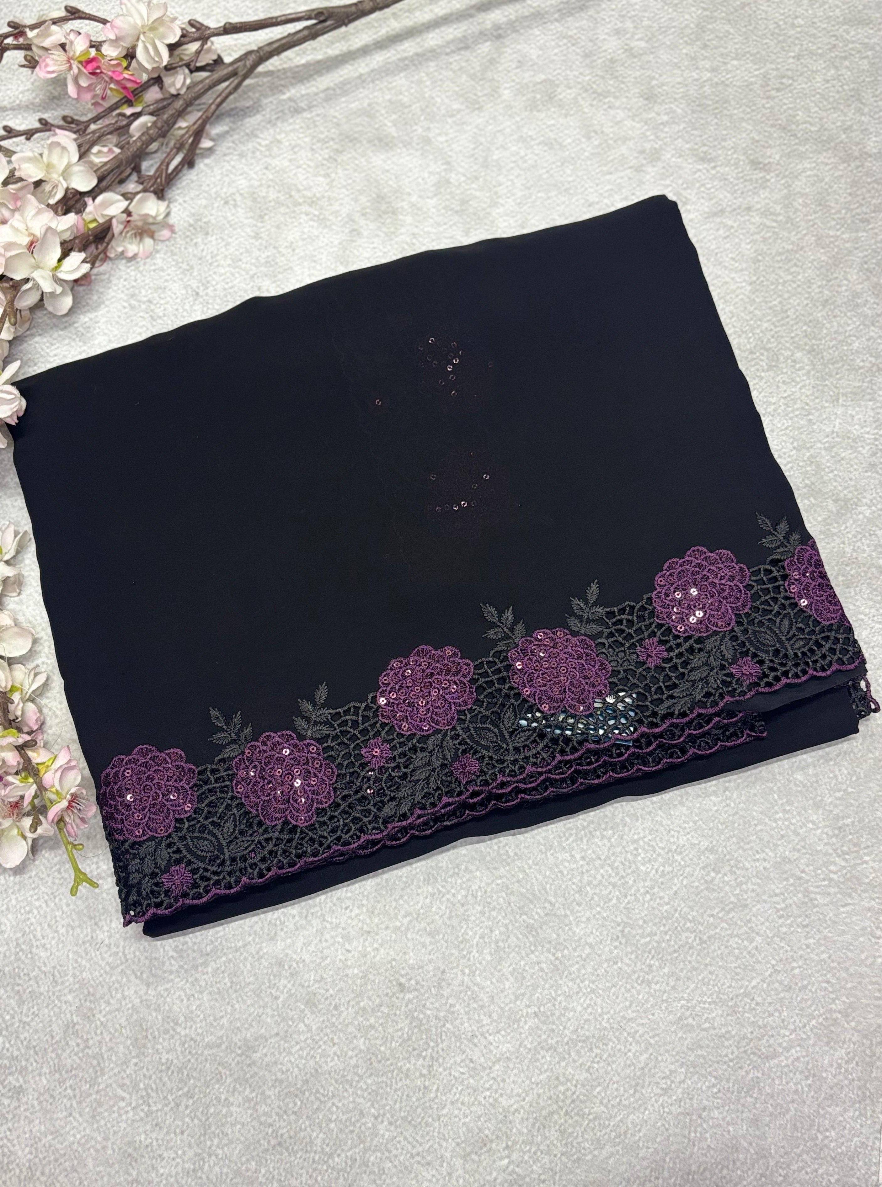 Black with purple cut work border embroidery georgette