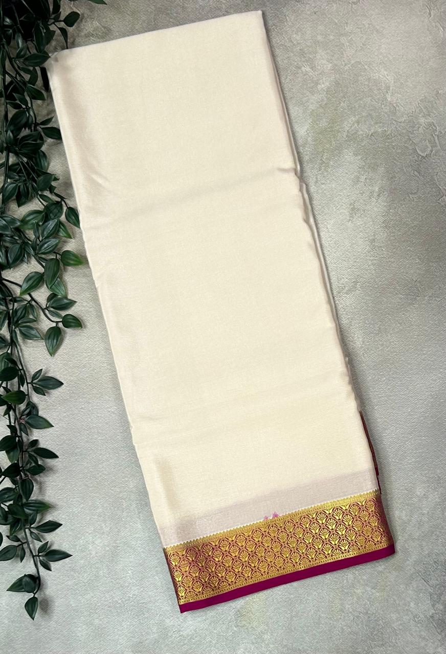 White n pink small border pure mysore crepe silk saree