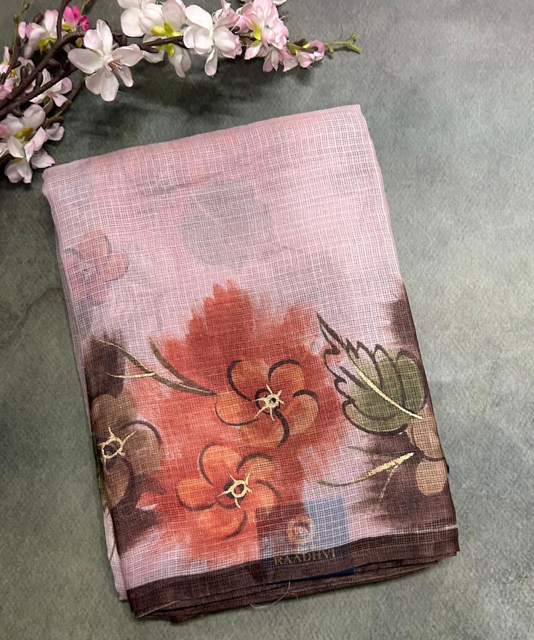 Pastel pink digital print semi silk saree