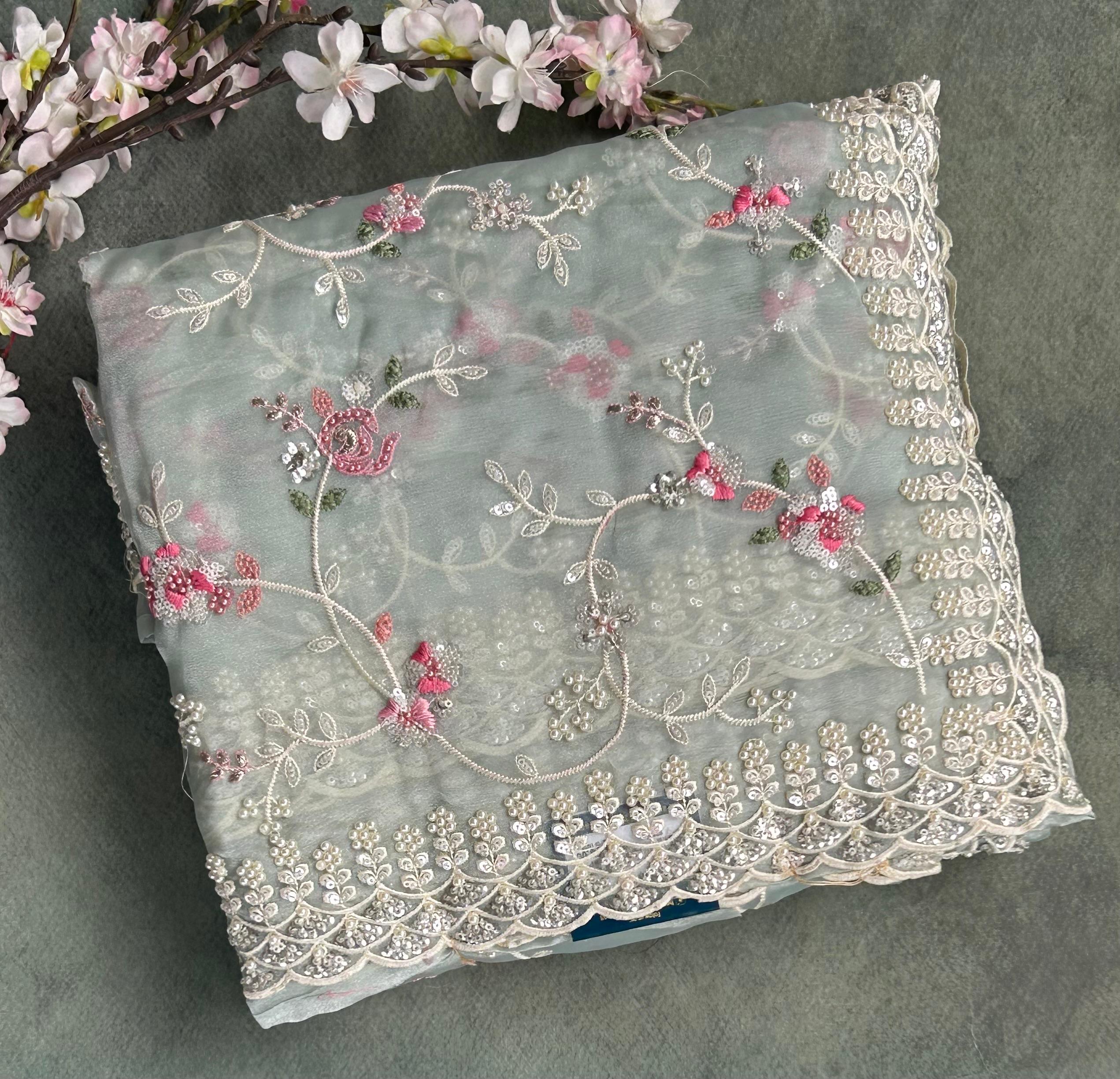 Grey floral embrodiery work saree