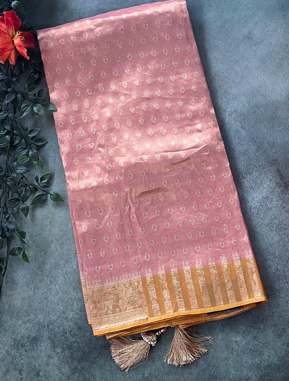 Rust orange brocade semi tissue saree