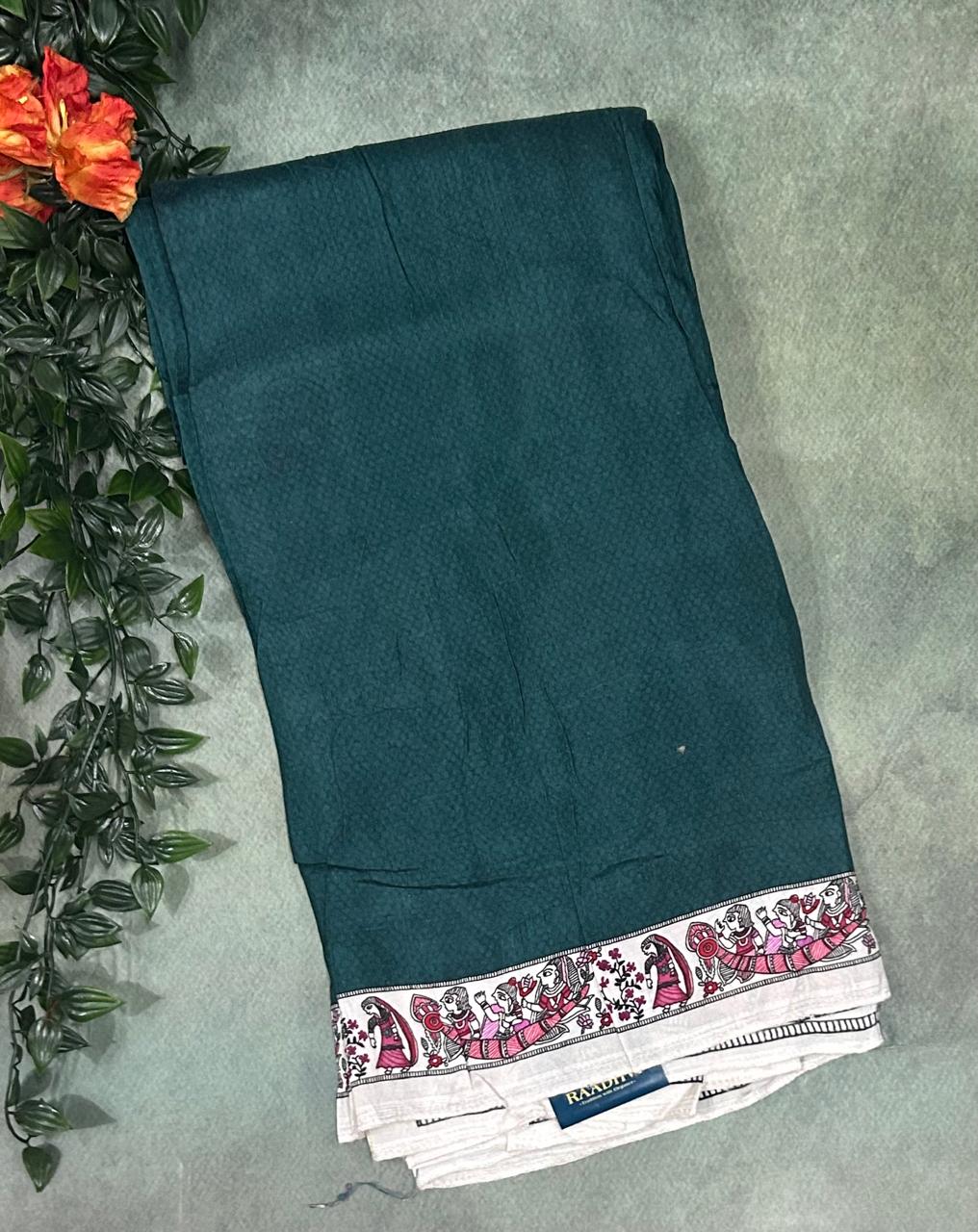 Dark green digital print border silk saree