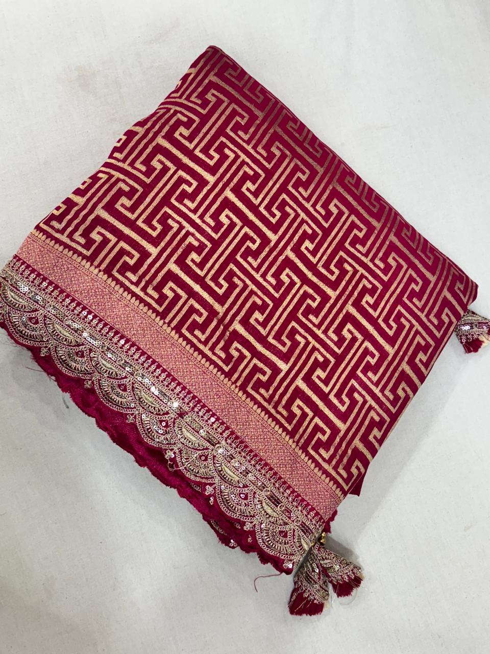 Red brocade jaal scallop border benaras georgette saree (VS)