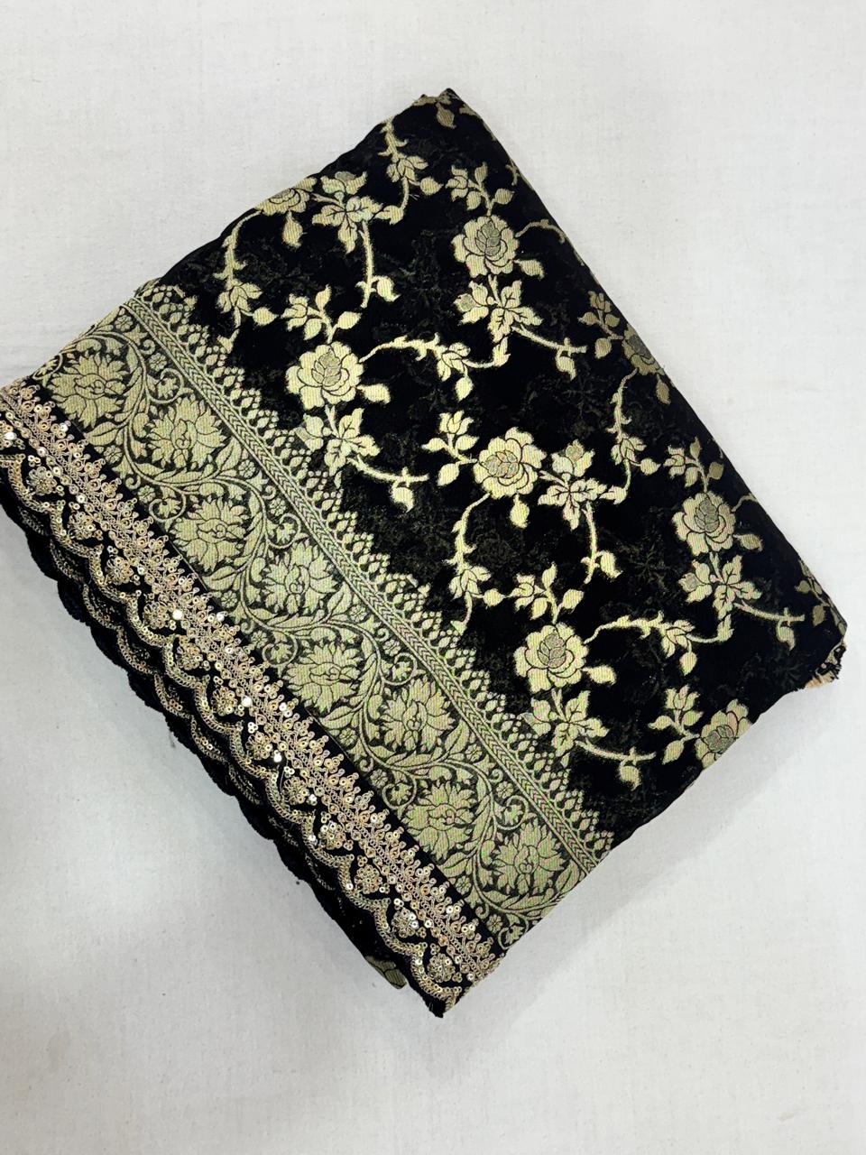 Black brocade jaal scallop border benaras georgette saree (VS)