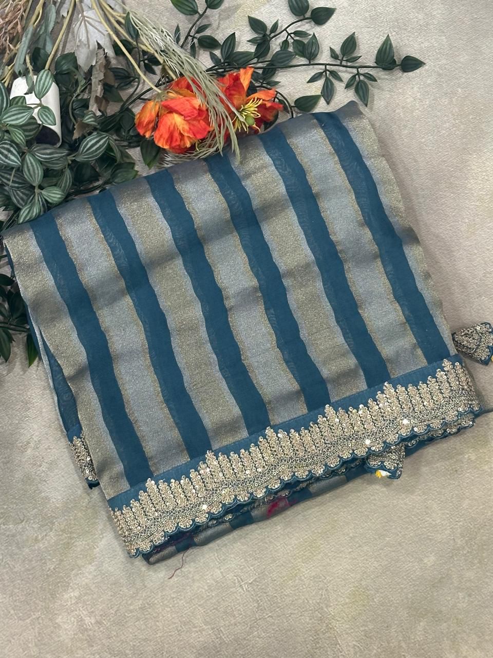 Blue n grey stripes scallop border benaras organza saree