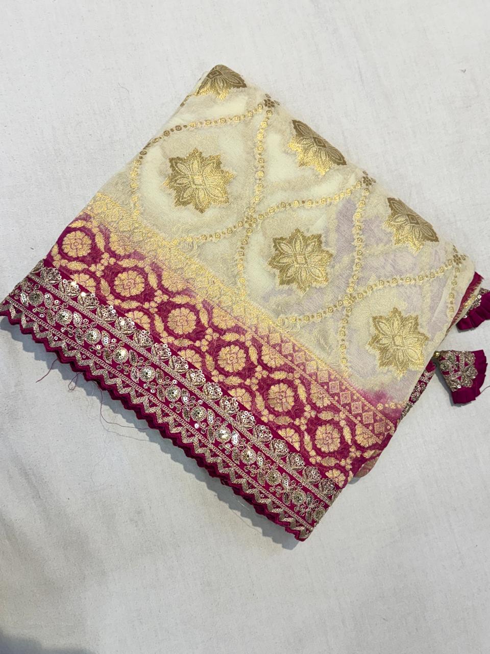 Cream scallop border benaras georgette saree (VS)