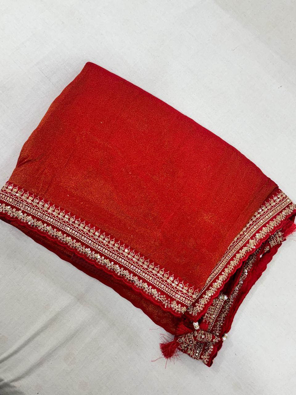 Red scallop border benaras georgette saree (VS)