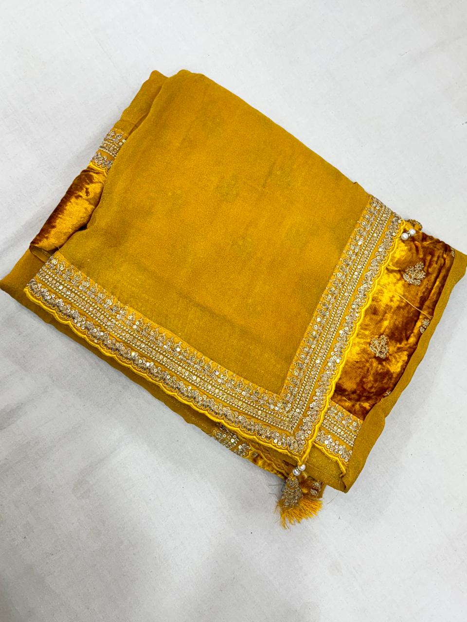 Yellow scallop border benaras georgette saree (VS)