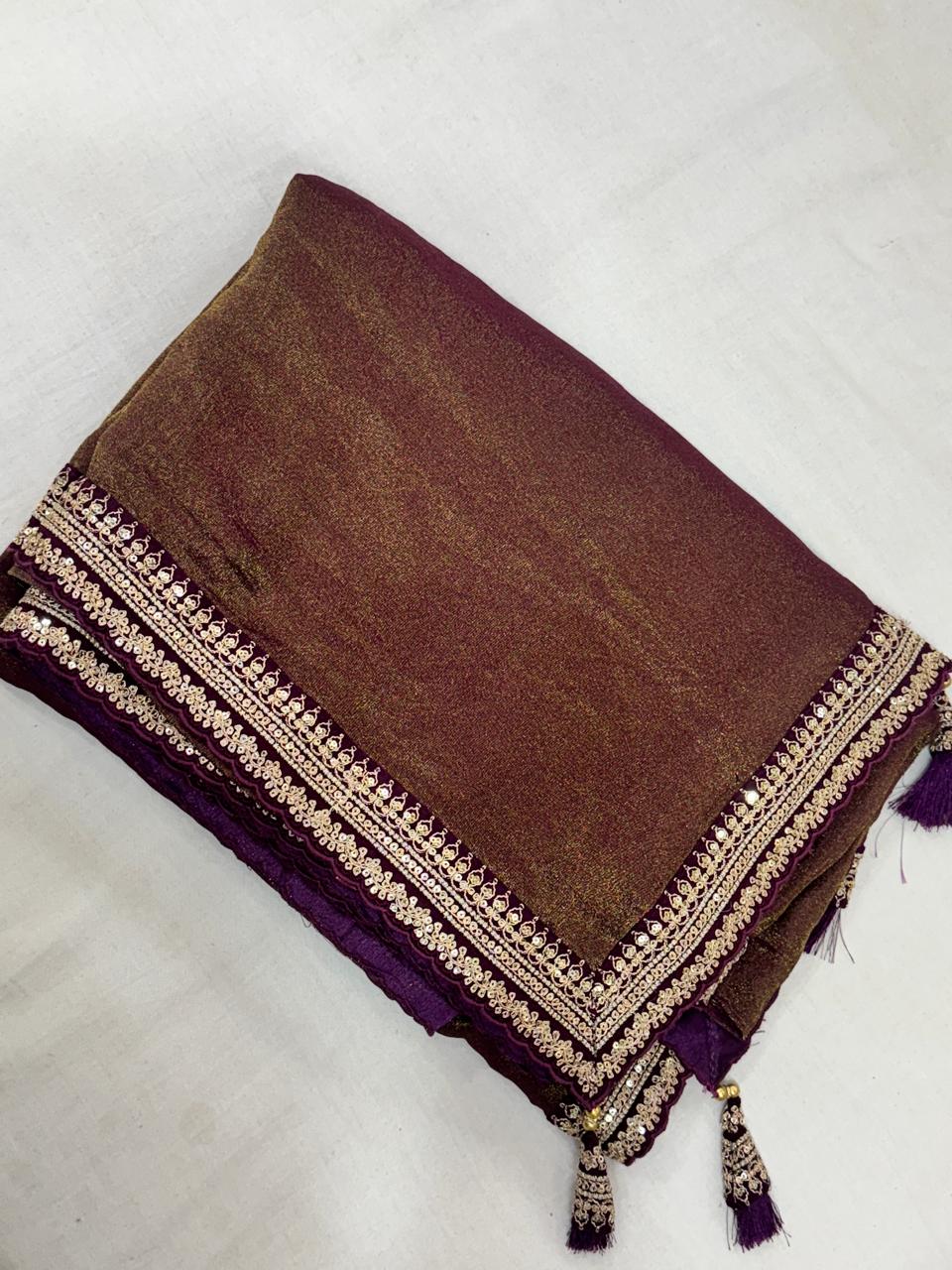 Wine scallop border benaras georgette saree (VS)