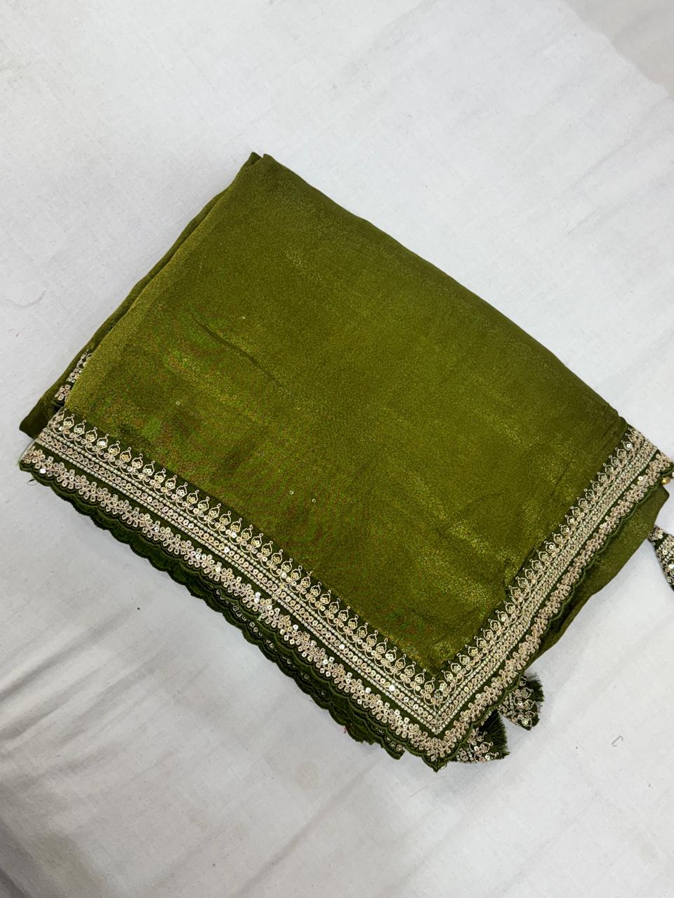 Green scallop border benaras georgette saree (VS)