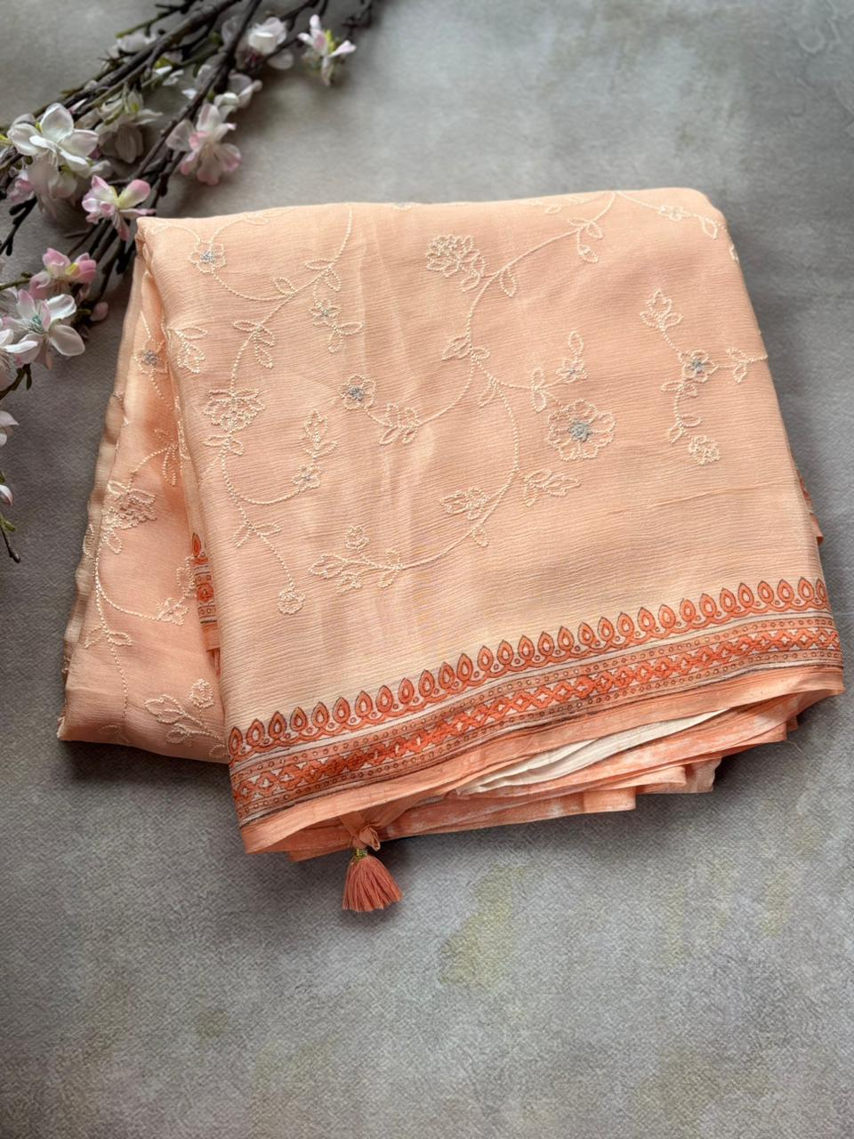 0A-Peach embrodiery pure chinos crepe silk saree