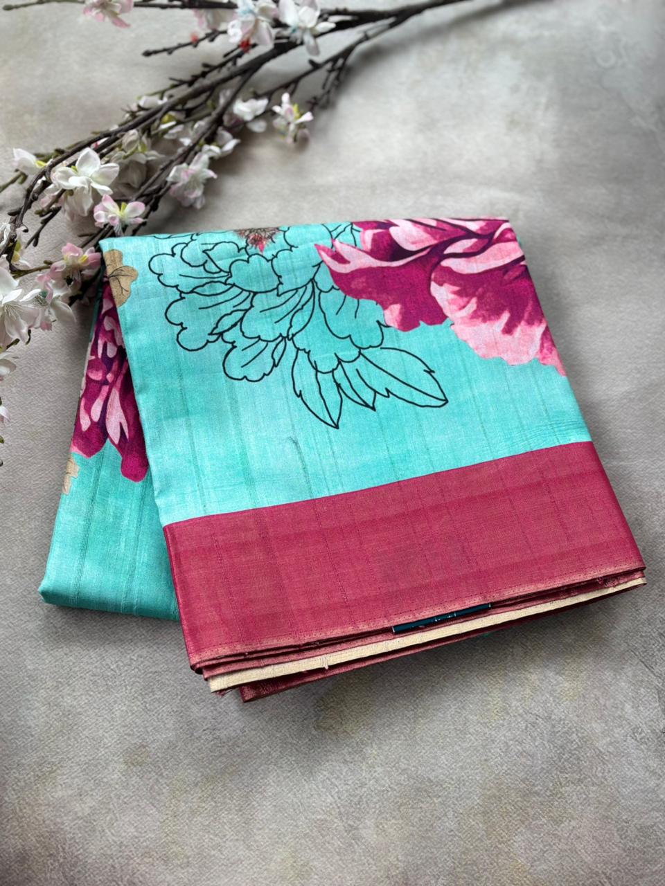 0A- Sky blue digital print tussar  saree