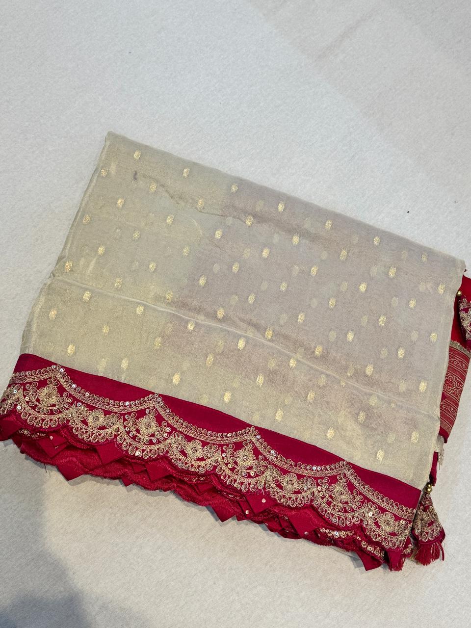 Cream n pink scallop border georgette party wear saree (VS)