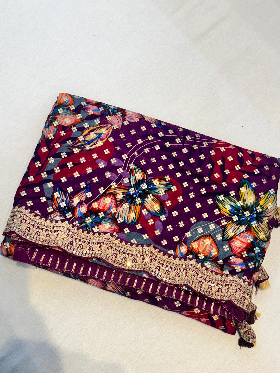 Purple digital print scallop border georgette party wear saree (VS)