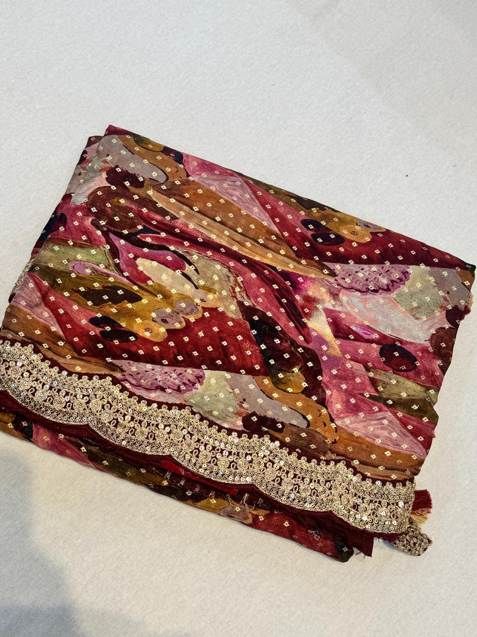 Multicolour digital print scallop border georgette party wear saree (VS)