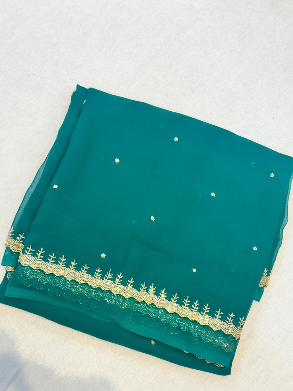 Rama green scallop border georgette party wear saree (VS)
