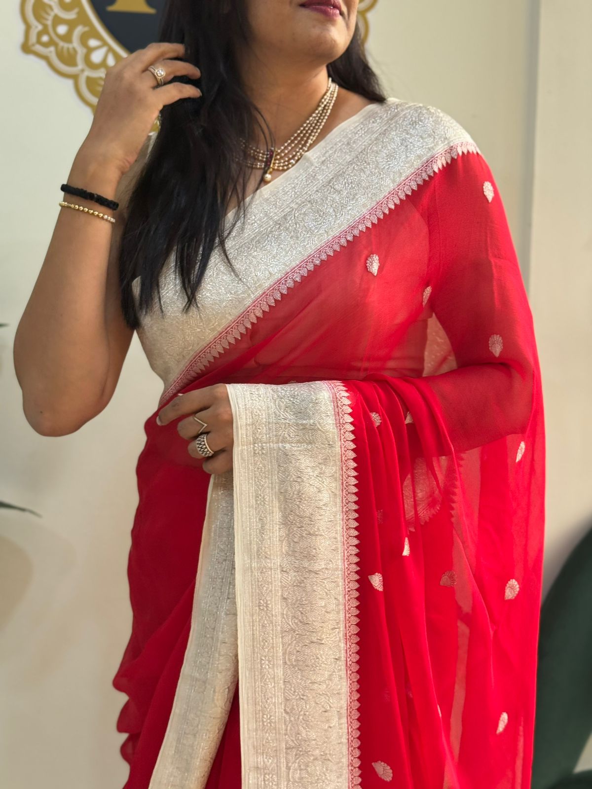 Bright red n cream benarasi pure chiffon saree
